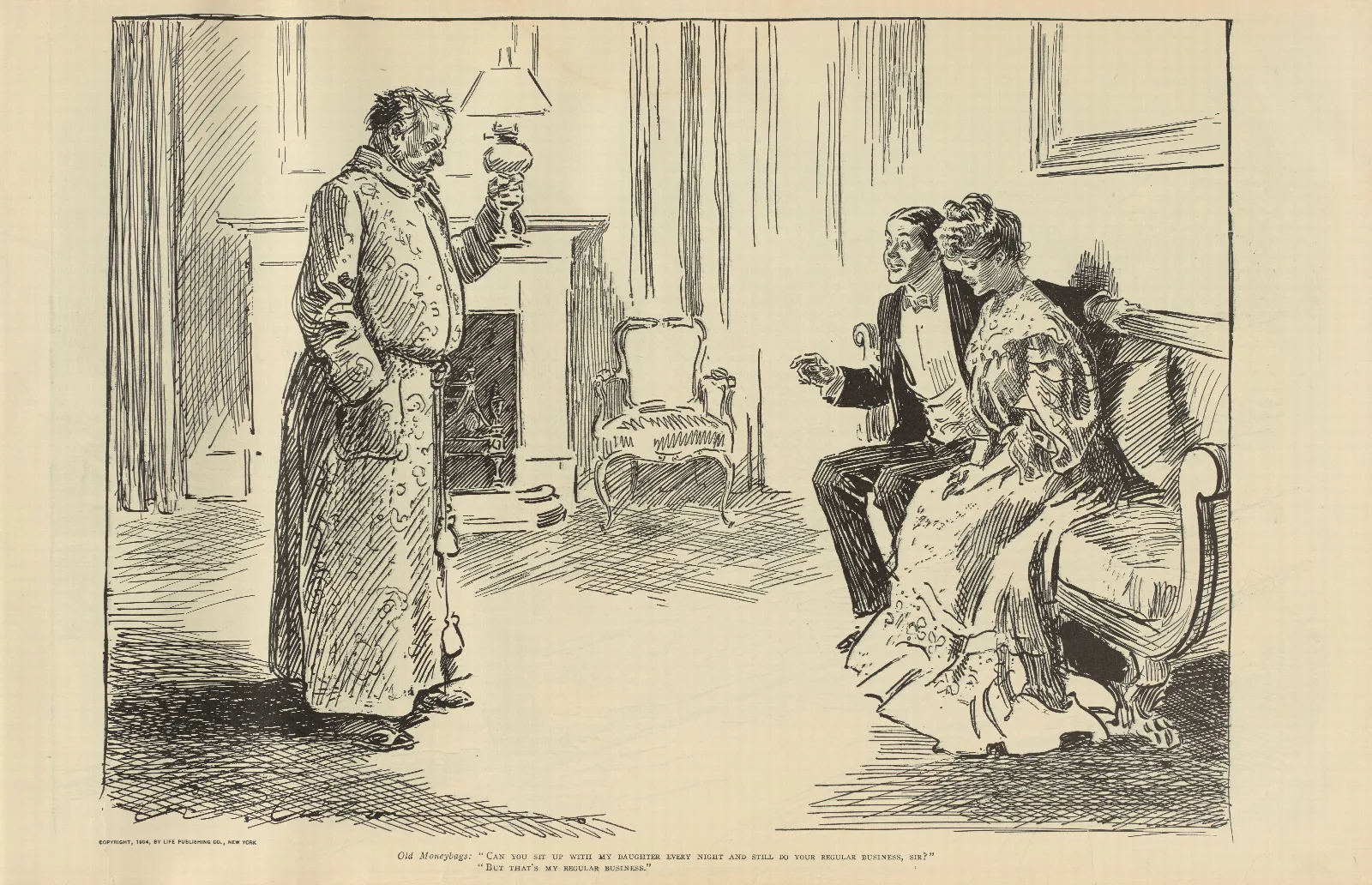 Old Moneybags Can You Sit Up With My Daughter Every Night And Still Do Your Regular Business Sir Wall Art by Charles Dana Gibson - Canvas Print