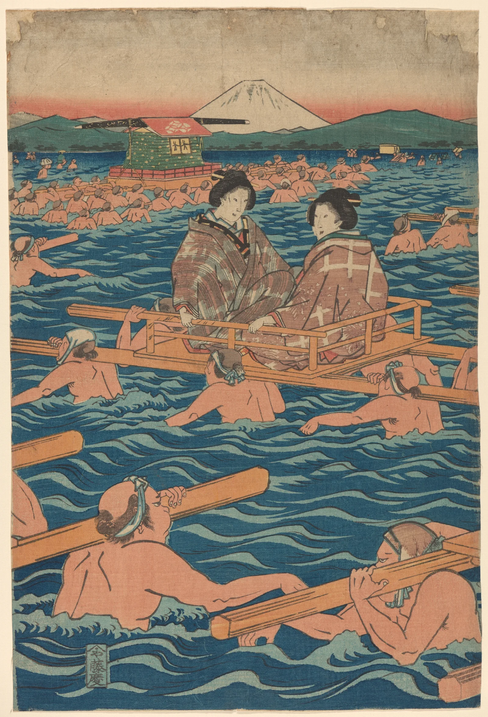 Fording A Broad River 2 Wall Art by Utagawa Hiroshige - Canvas Print