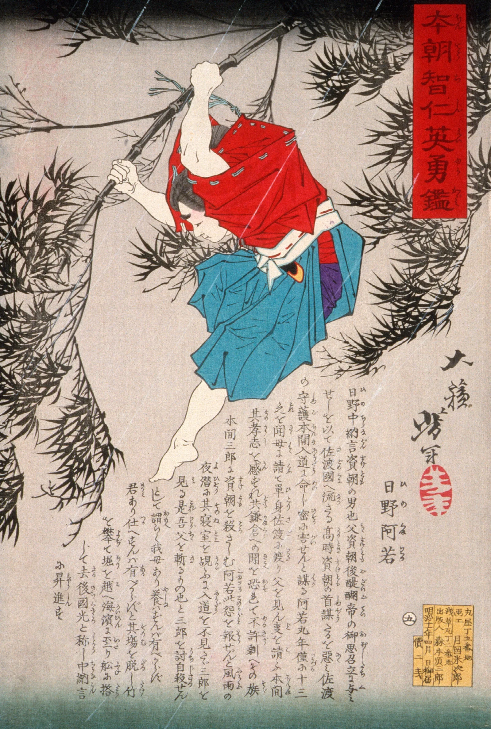 Hino Kumawaka Leaping From Bamboo Wall Art by Tsukioka Yoshitoshi - Canvas Print