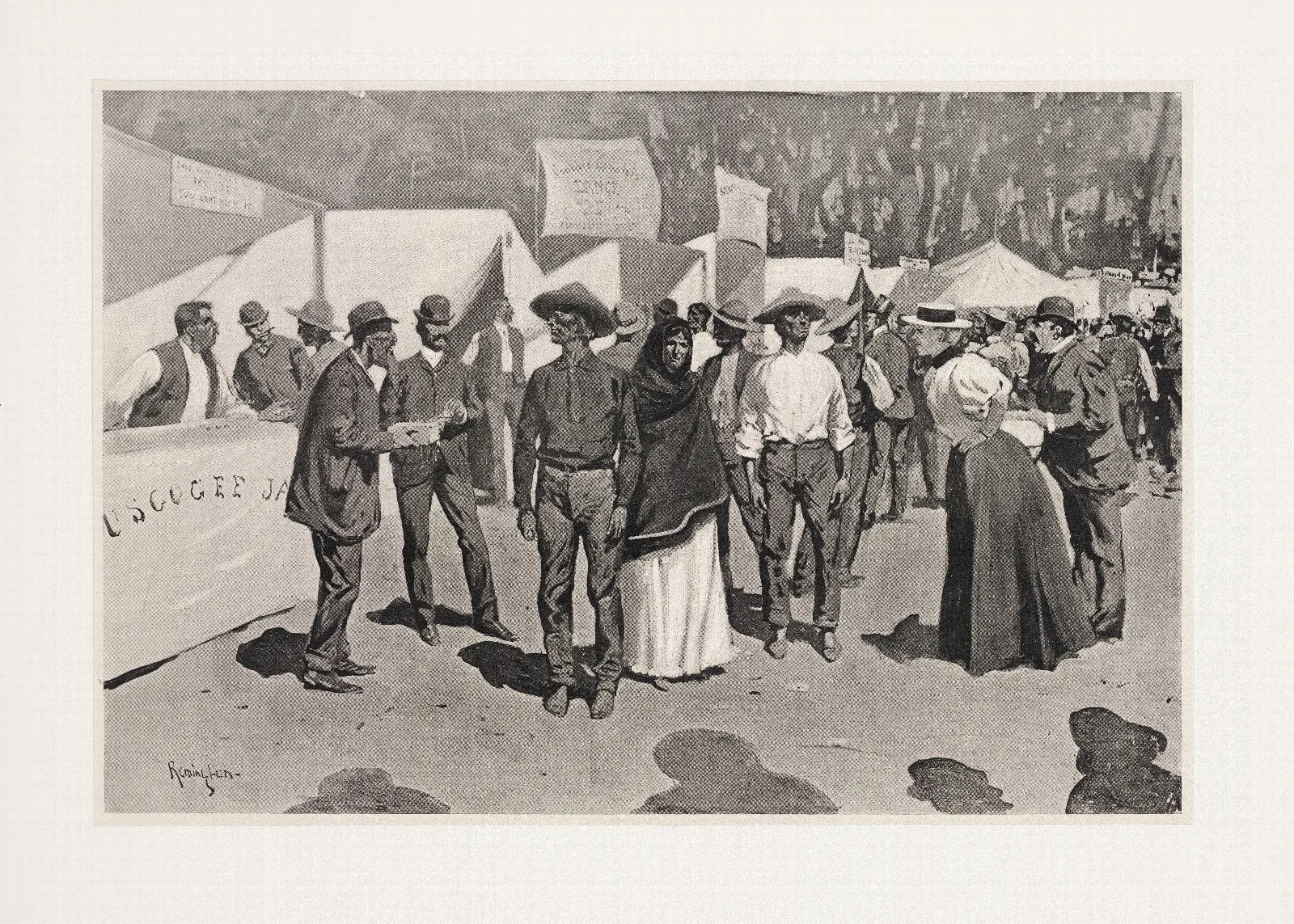 Paying The Indians For The Cherokee Strip Scenes Around The Government Paymasters Quarters Wall Art by Frederic Remington - Canvas Print
