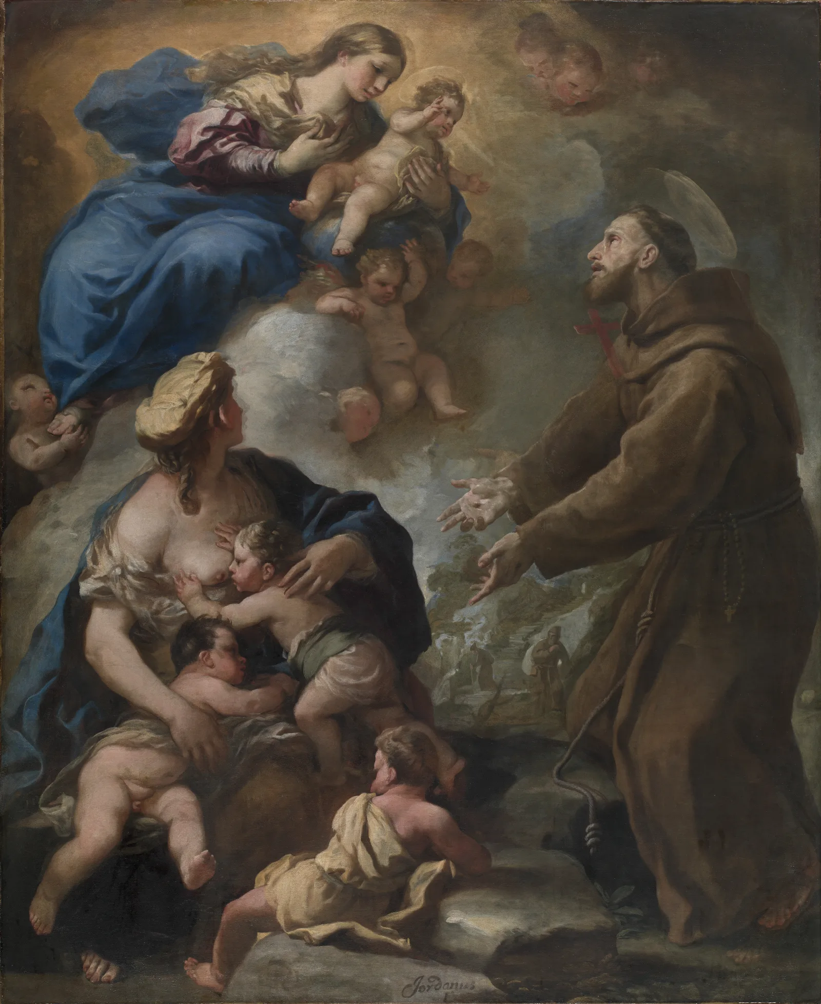 The Virgin And Child Appearing To Saint Francis Of Assisi Wall Art by Luca Giordano - Canvas Print