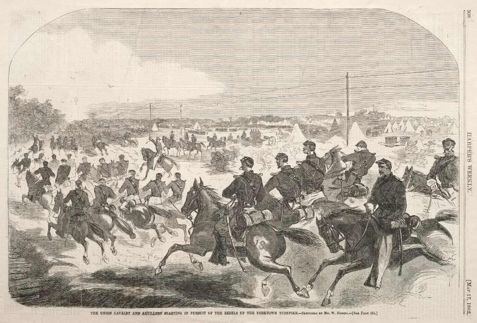 The Union Cavalry And Artillery Starting In Pursuit Of The Rebels Up The Yorktown Turnpike Wall Art by Winslow Homer - Canvas Print