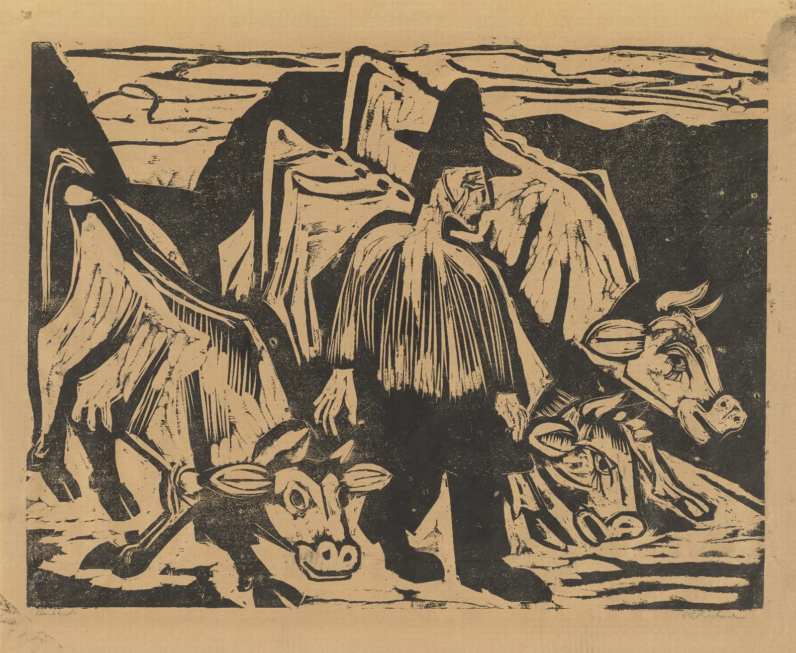 Bauer Mit Drei Kuhen Wall Art by Ernst Ludwig Kirchner - Canvas Print