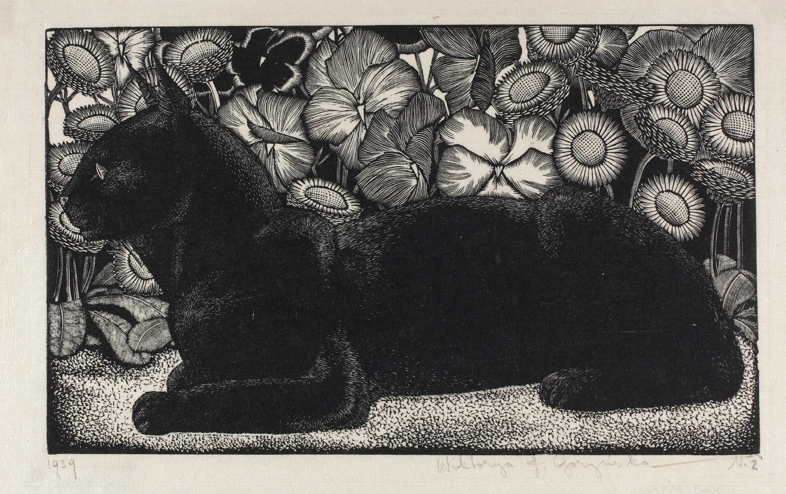 Black Cat On Flower Background Wall Art by Wiktoria Goryńska - Canvas Print