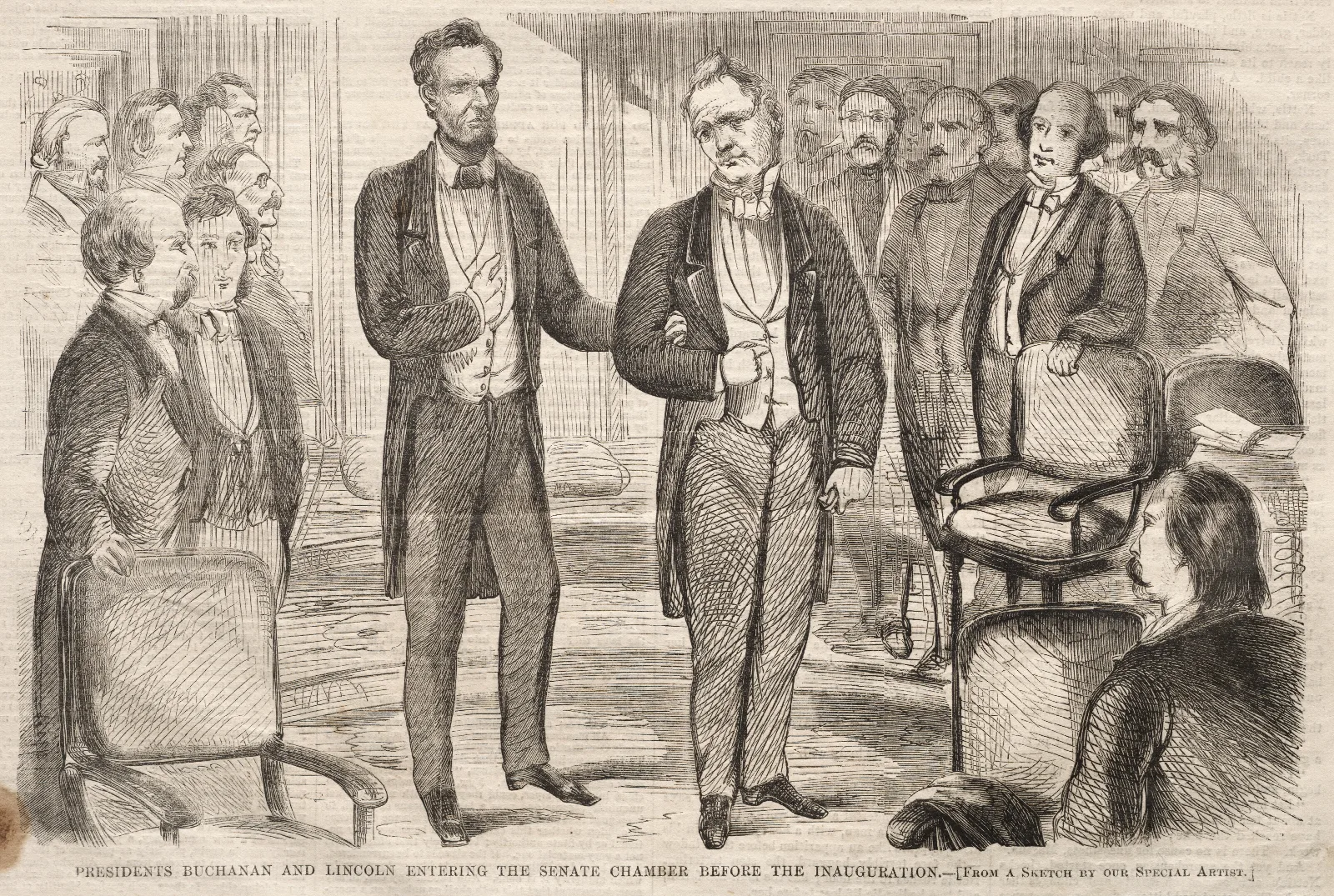 Presidents Buchanan And Lincoln Entering The Senate Chamber Before The Inauguration Wall Art by Winslow Homer - Canvas Print