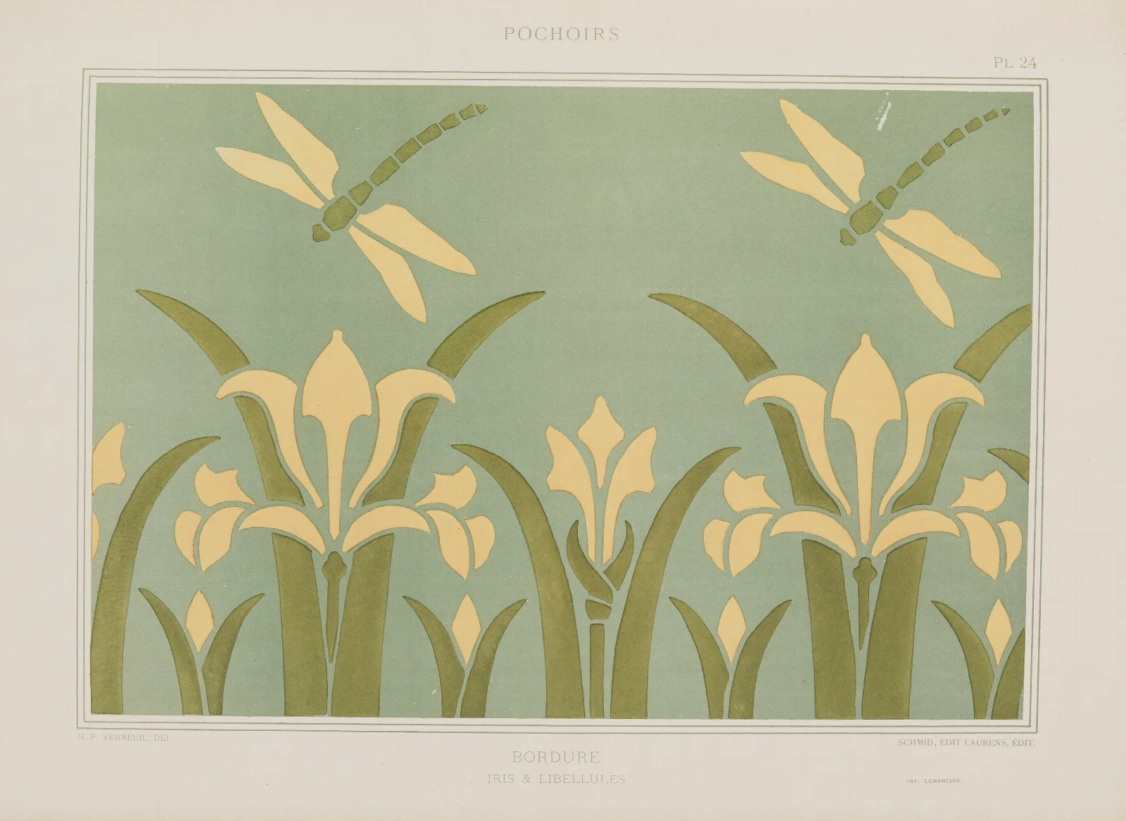 Bordure Iris Libellules Wall Art by Maurice Pillard Verneuil - Canvas Print