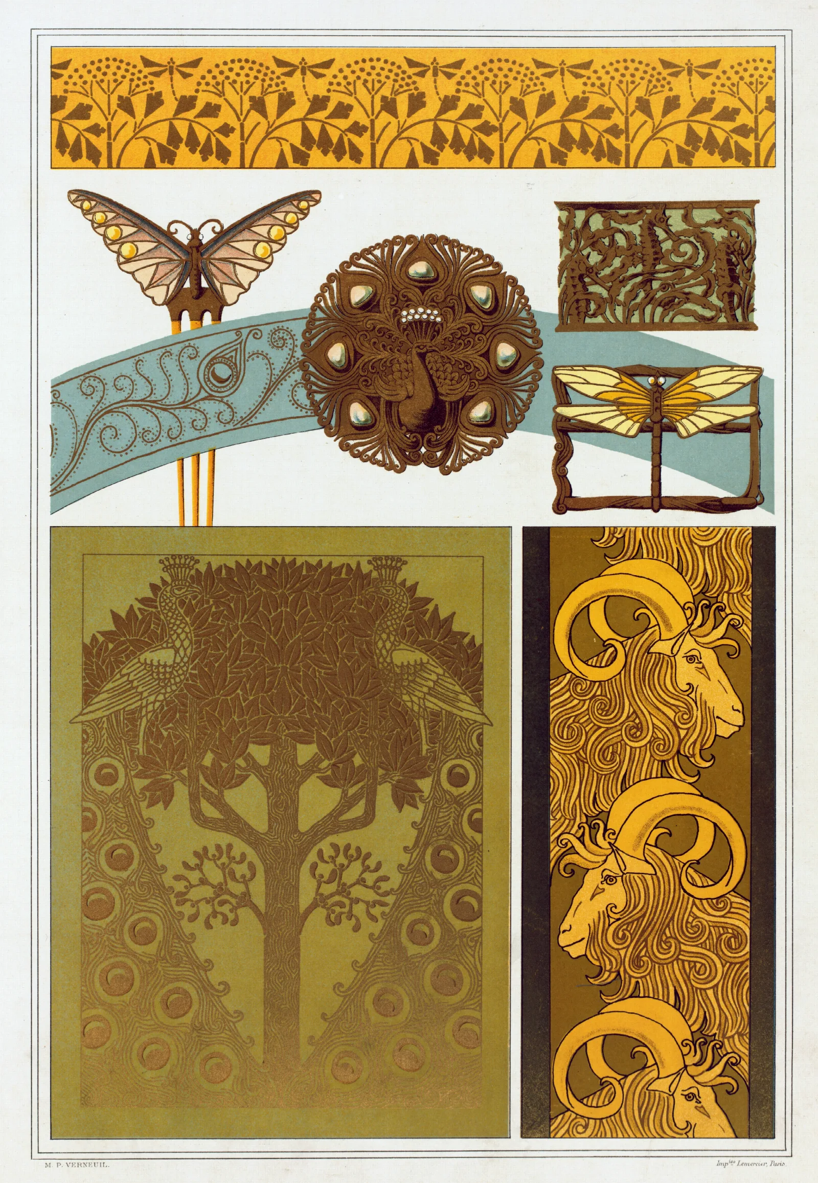 Libellules Fer A Dorer Papillon Paon Hippocampes Et Libellule Bijoux Paons Fer A Dorer Chevres Bordure Wall Art by Maurice Pillard Verneuil - Canvas Print