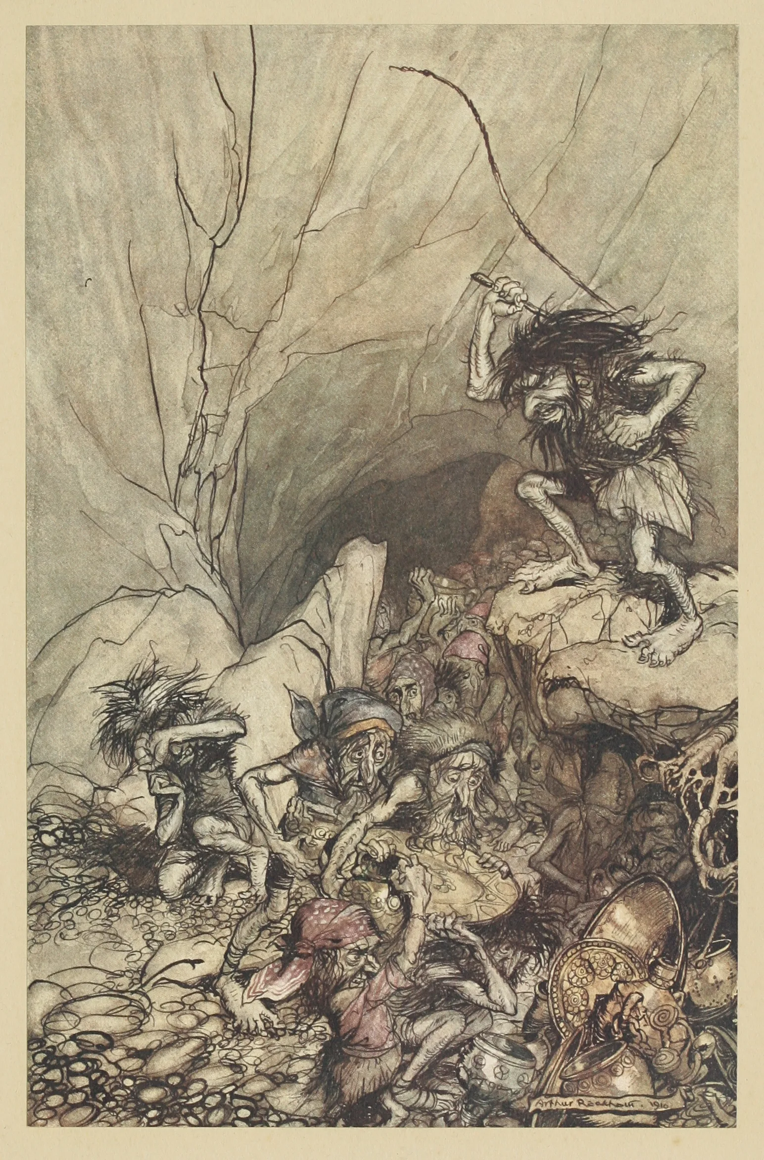 Alberich Drives In A Band Of Niblungs Laden With Gold And Silver Treasure Wall Art by Arthur Rackham - Canvas Print