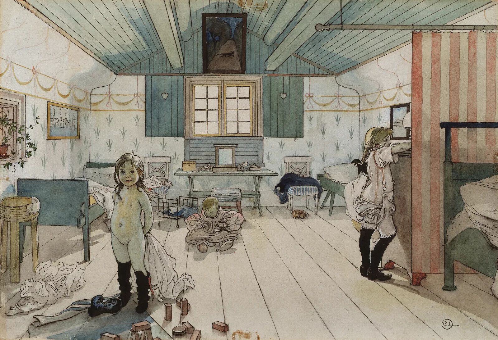 Mammas And The Small Girls Room Wall Art by Carl Larsson - Canvas Print