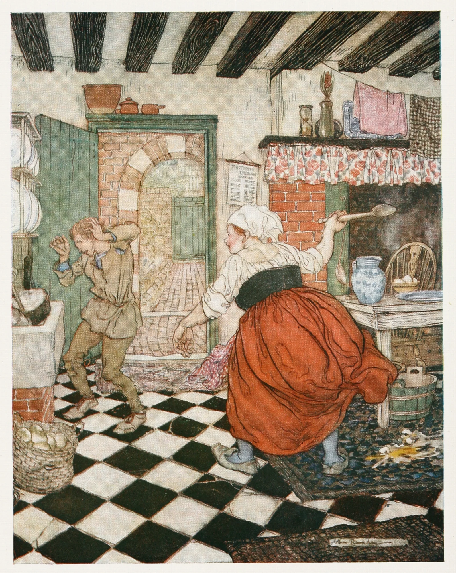 Manys The Beating He Had From The Broomstick Or The Ladle Wall Art by Arthur Rackham - Canvas Print