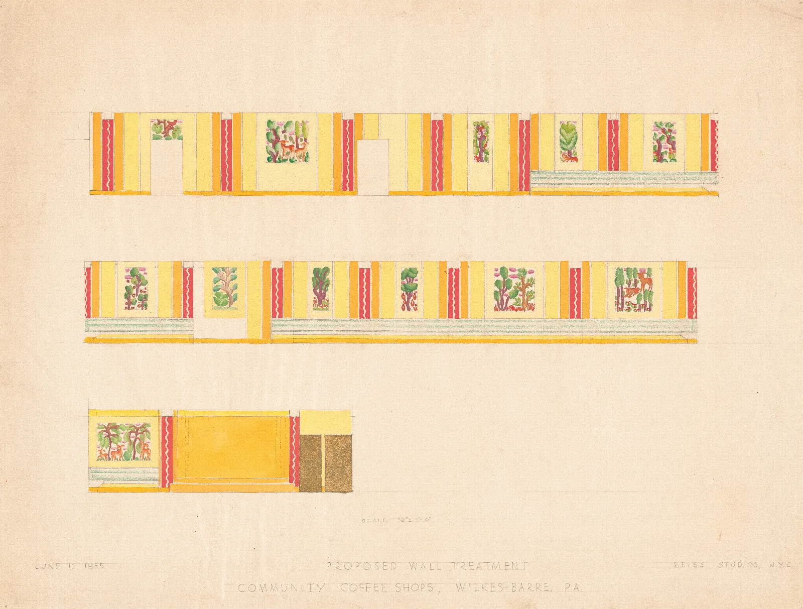 Design Drawings For Community Coffee Shops Wilkes Barre Pa Proposed Wall Treatment Interior Elevation Color Study With Bosky Murals Wall Art by Winold Reiss - Canvas Print
