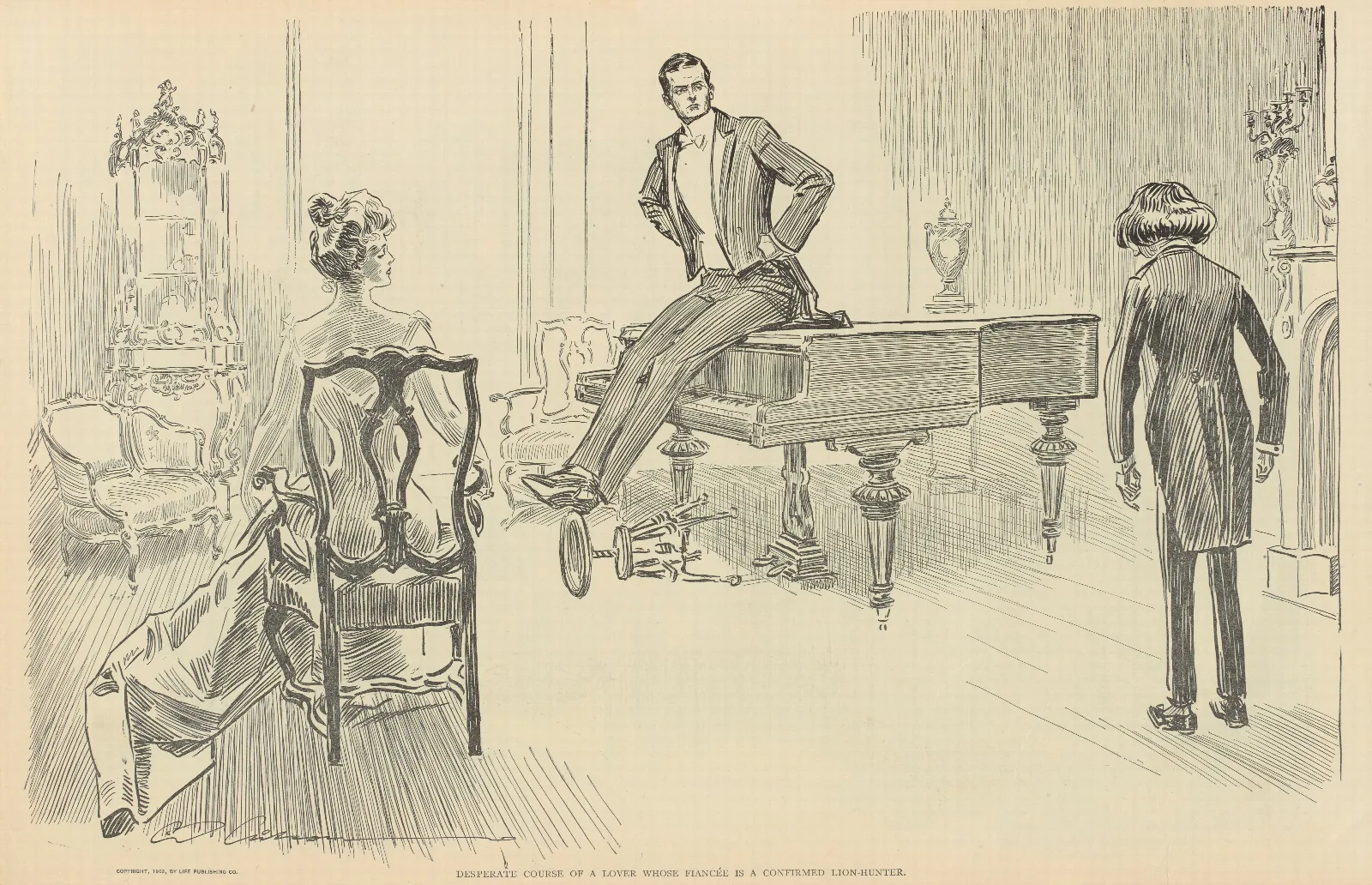 Desperate Course Of A Lover Whose Fiancee Is A Confirmed Lion Hunter Wall Art by Charles Dana Gibson - Canvas Print