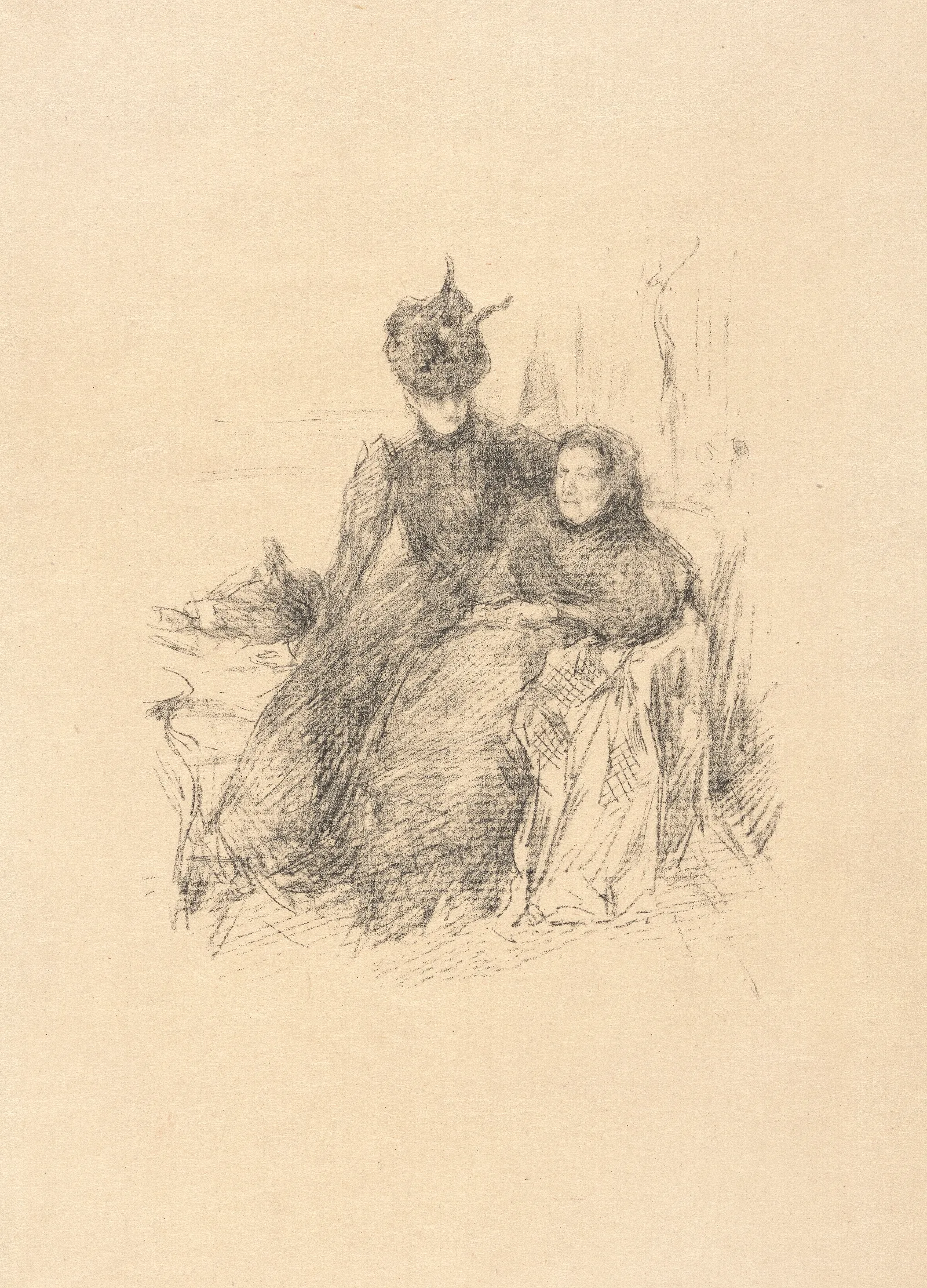 Young Lady In A Hat Sitting With Her Arm Around An Older Lady Wall Art by James Abbott McNeill Whistler - Canvas Print