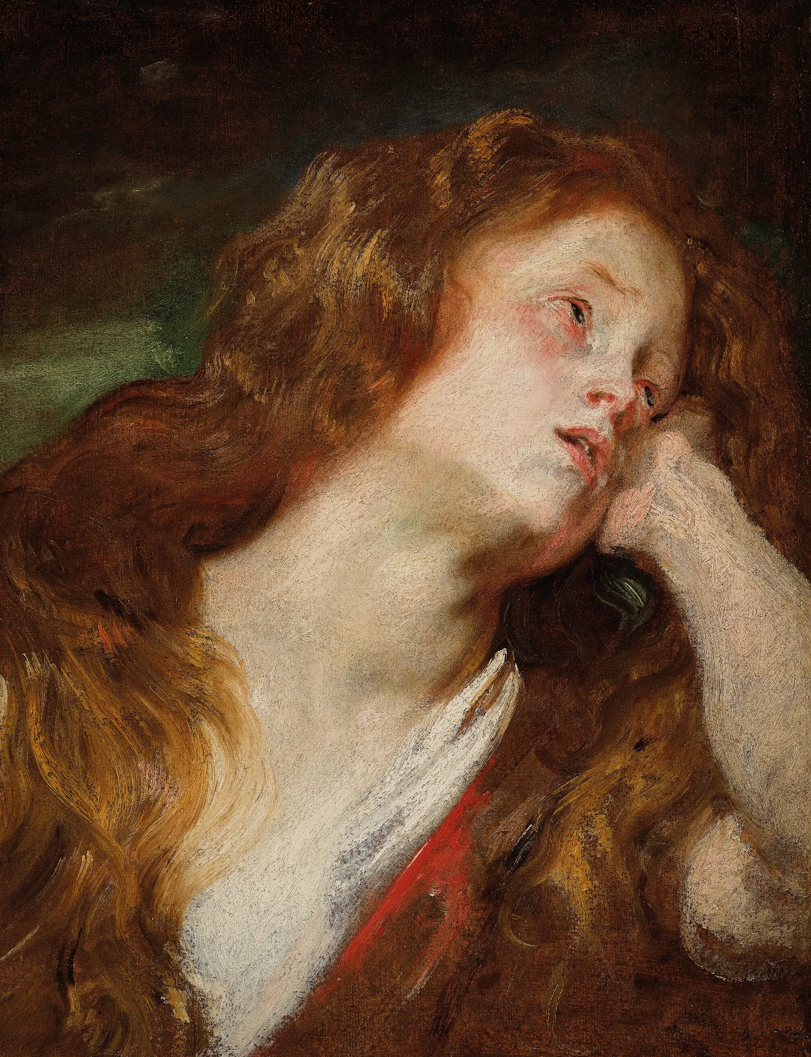 A Young Woman Resting Her Head Probably The Penitent Magdalene Wall Art by Anthony van Dyck - Canvas Print
