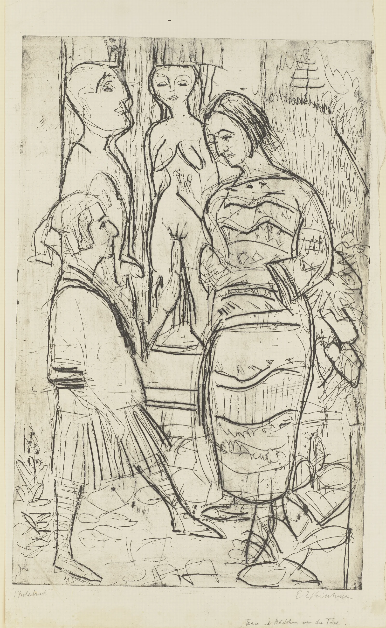 Frau Und Madchen Vor Der Ture Wall Art by Ernst Ludwig Kirchner - Canvas Print