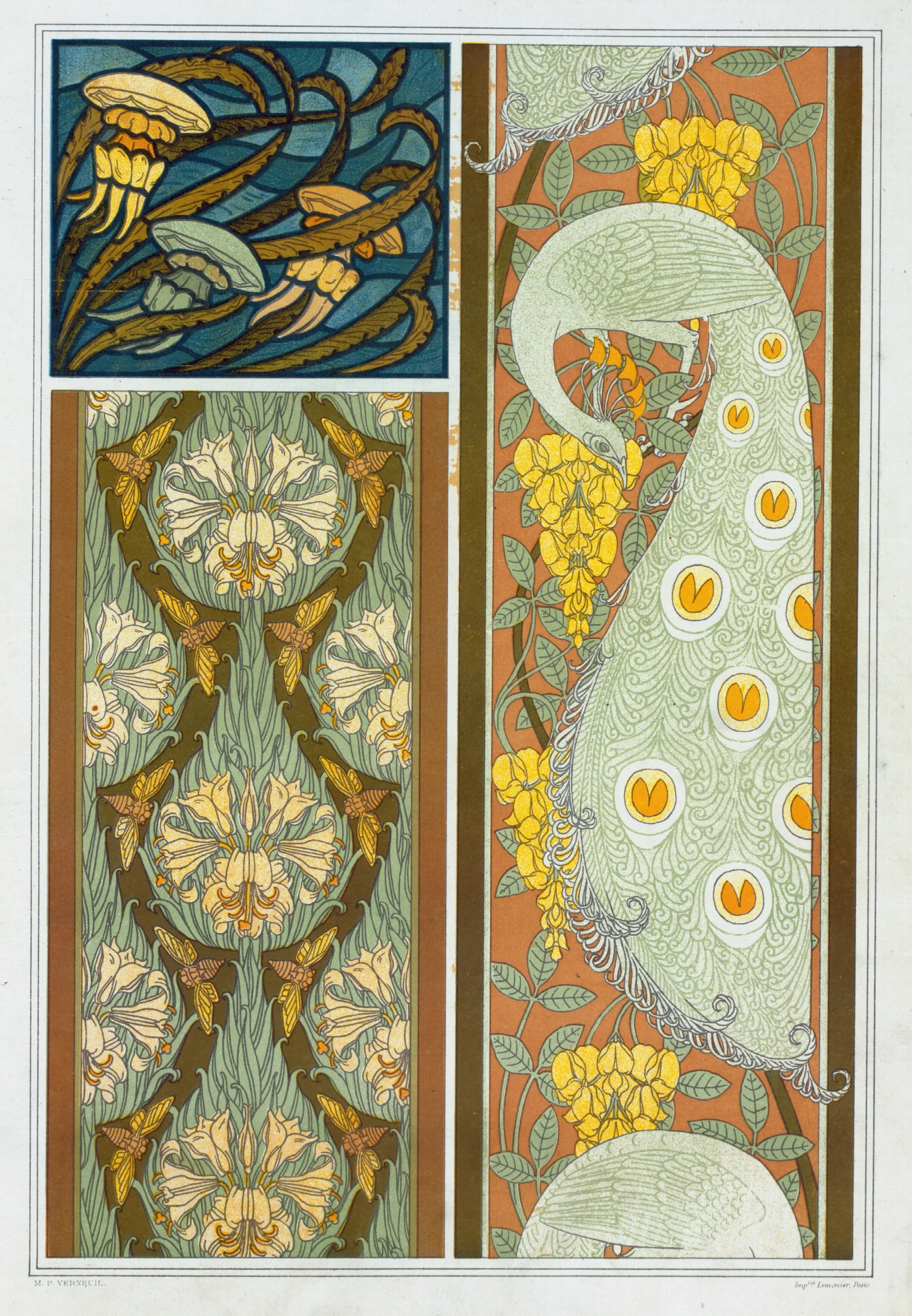 Meduses Et Algues Vitrail Cigales Et Lis Paons Et Cytise Bordures Wall Art by Maurice Pillard Verneuil - Canvas Print
