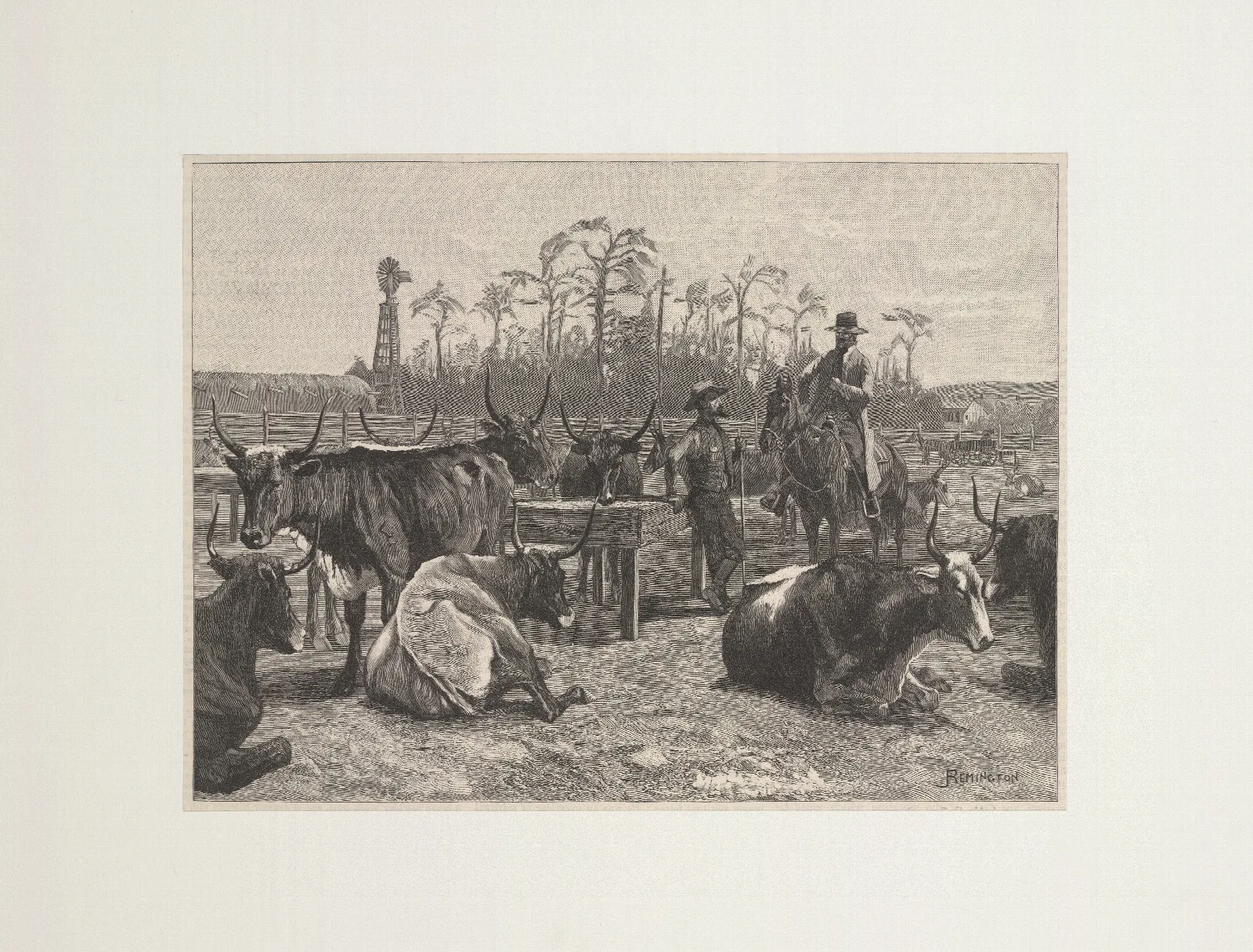Texan Cattle In Kansas Corn Corral Wall Art by Frederic Remington - Canvas Print