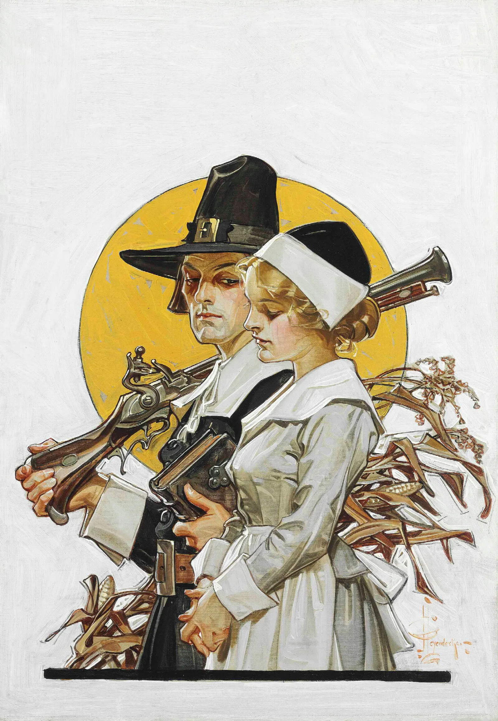 Giving Thanks Thanksgiving Couple Wall Art by Joseph Christian Leyendecker - Canvas Print