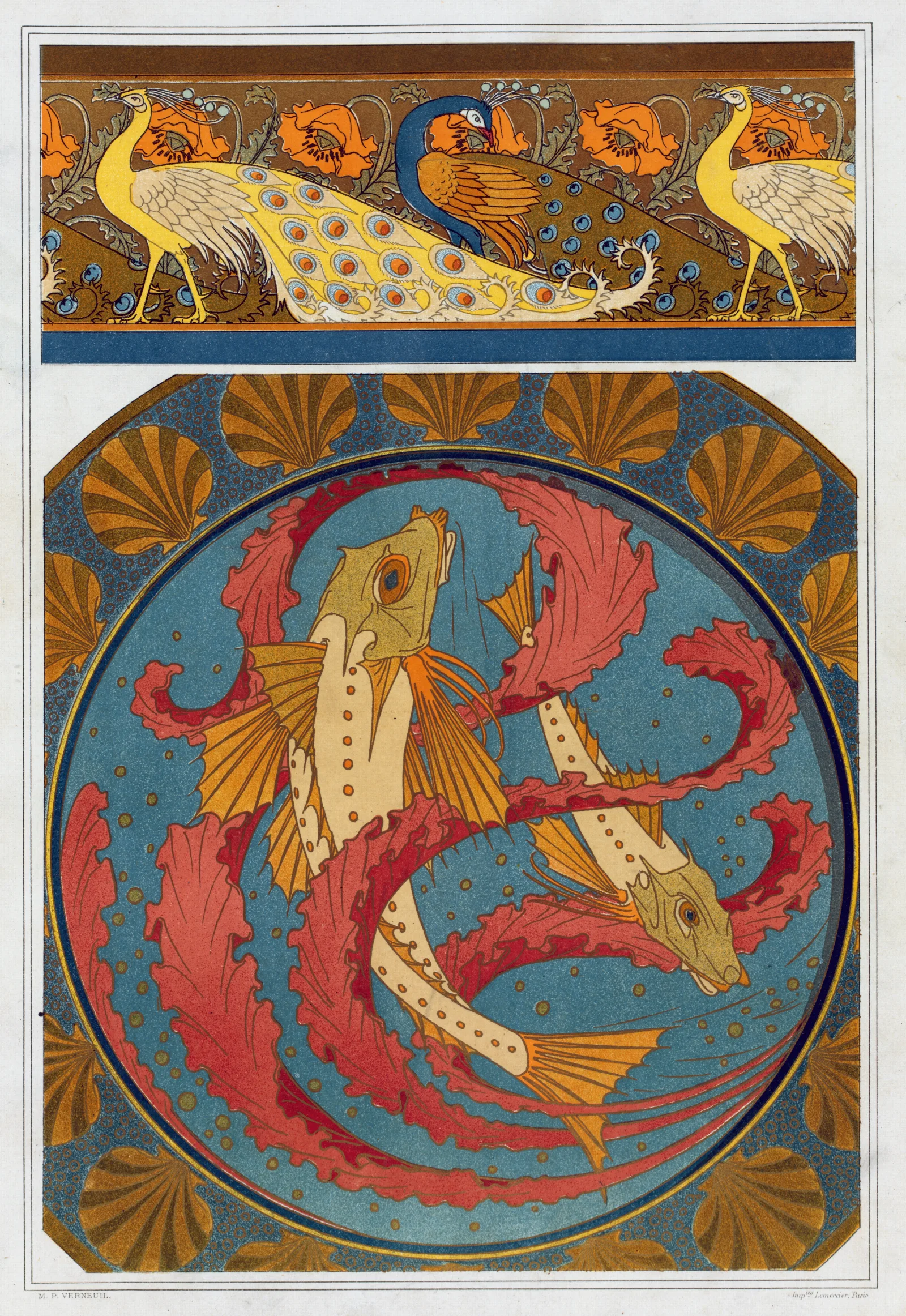 Paons Et Pavots Bordure Grondins Algues Et Coquilles Plat En Email Cloisonne Wall Art by Maurice Pillard Verneuil - Canvas Print