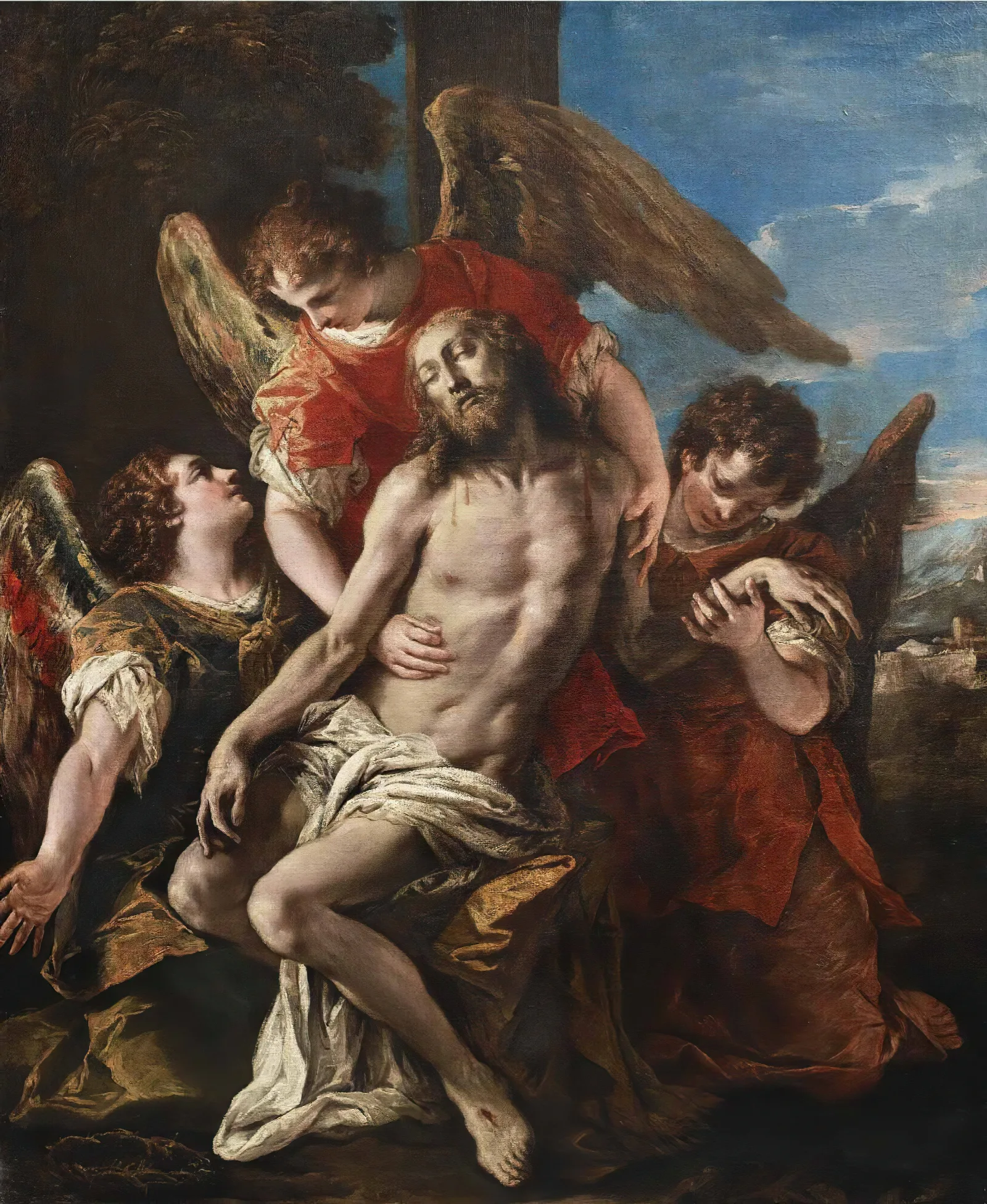 Christ Mourned By Three Angels Wall Art by Sebastiano Ricci - Canvas Print