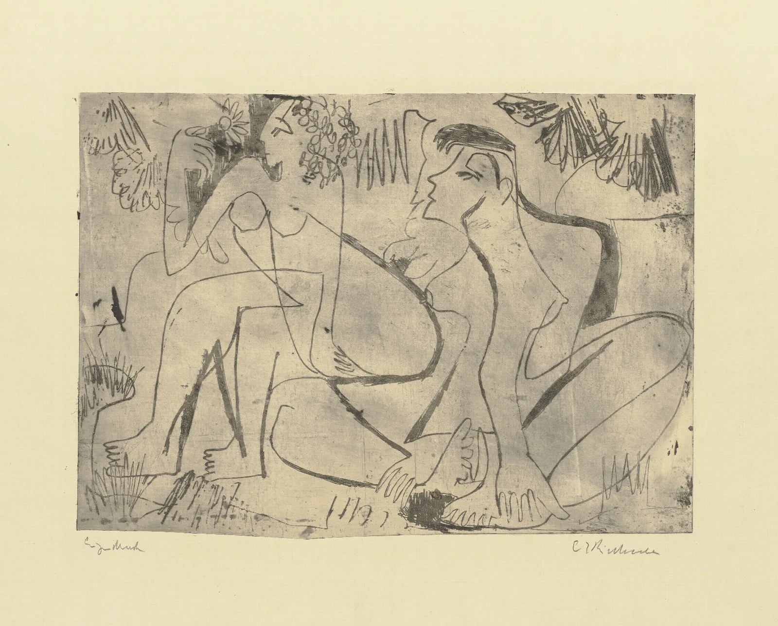 Zwei Sitzende Madchen Im Freien Wall Art by Ernst Ludwig Kirchner - Canvas Print