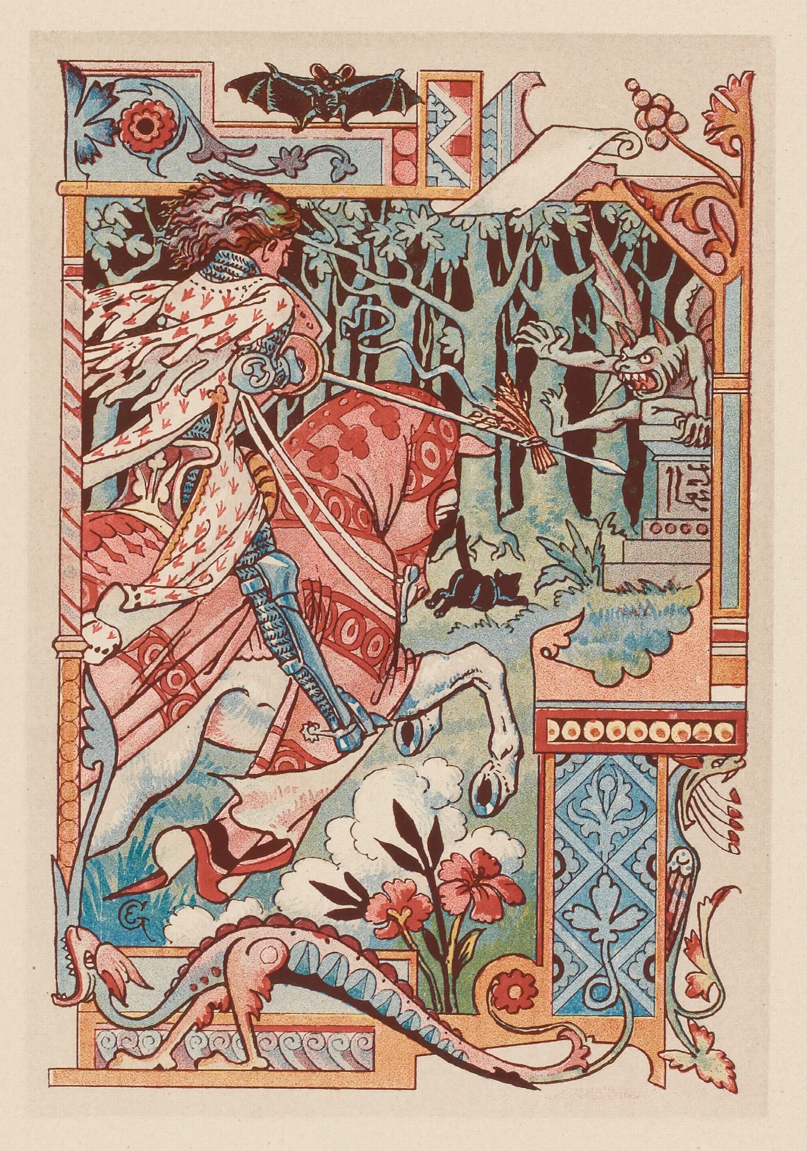 Chevalier Sur Son Cheval Pointant Sa Lance Contre Un Diablotin Wall Art by Eugène Grasset - Canvas Print