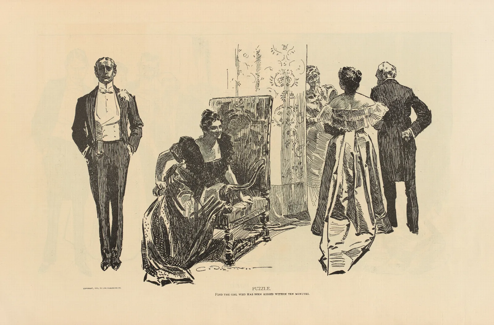 Puzzle Find The Girl Who Has Been Kissed Within Ten Minutes Wall Art by Charles Dana Gibson - Canvas Print