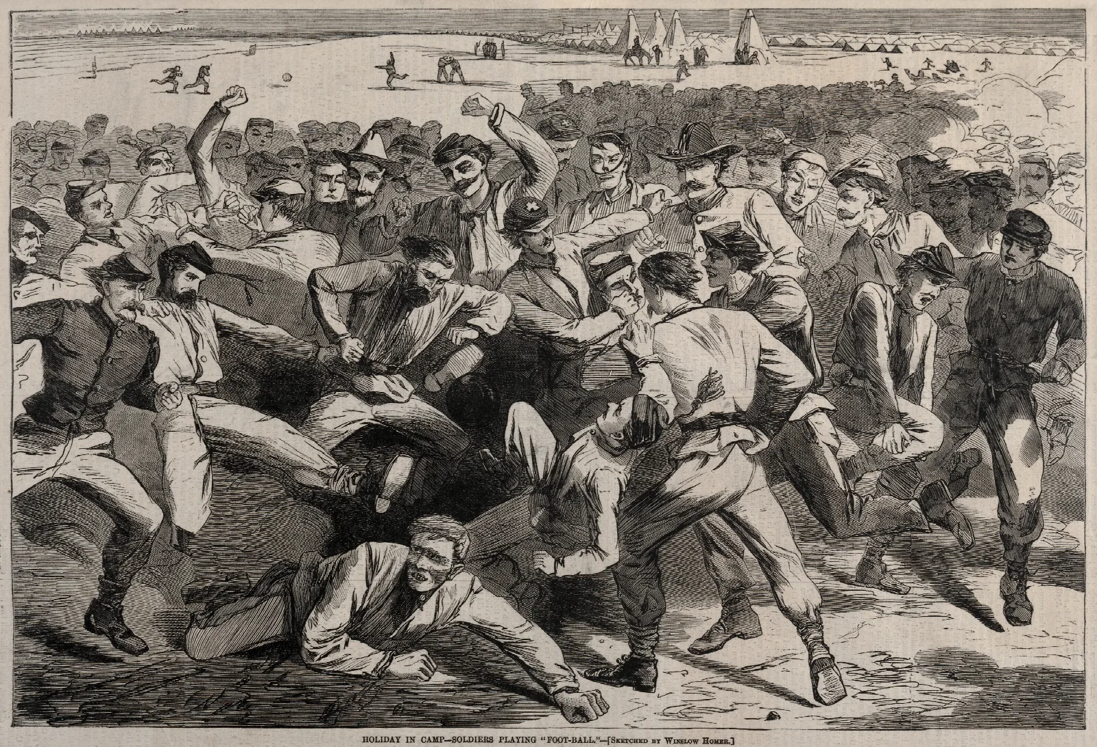 Holiday In Camp Soldiers Playing Foot Ball Wall Art by Winslow Homer - Canvas Print