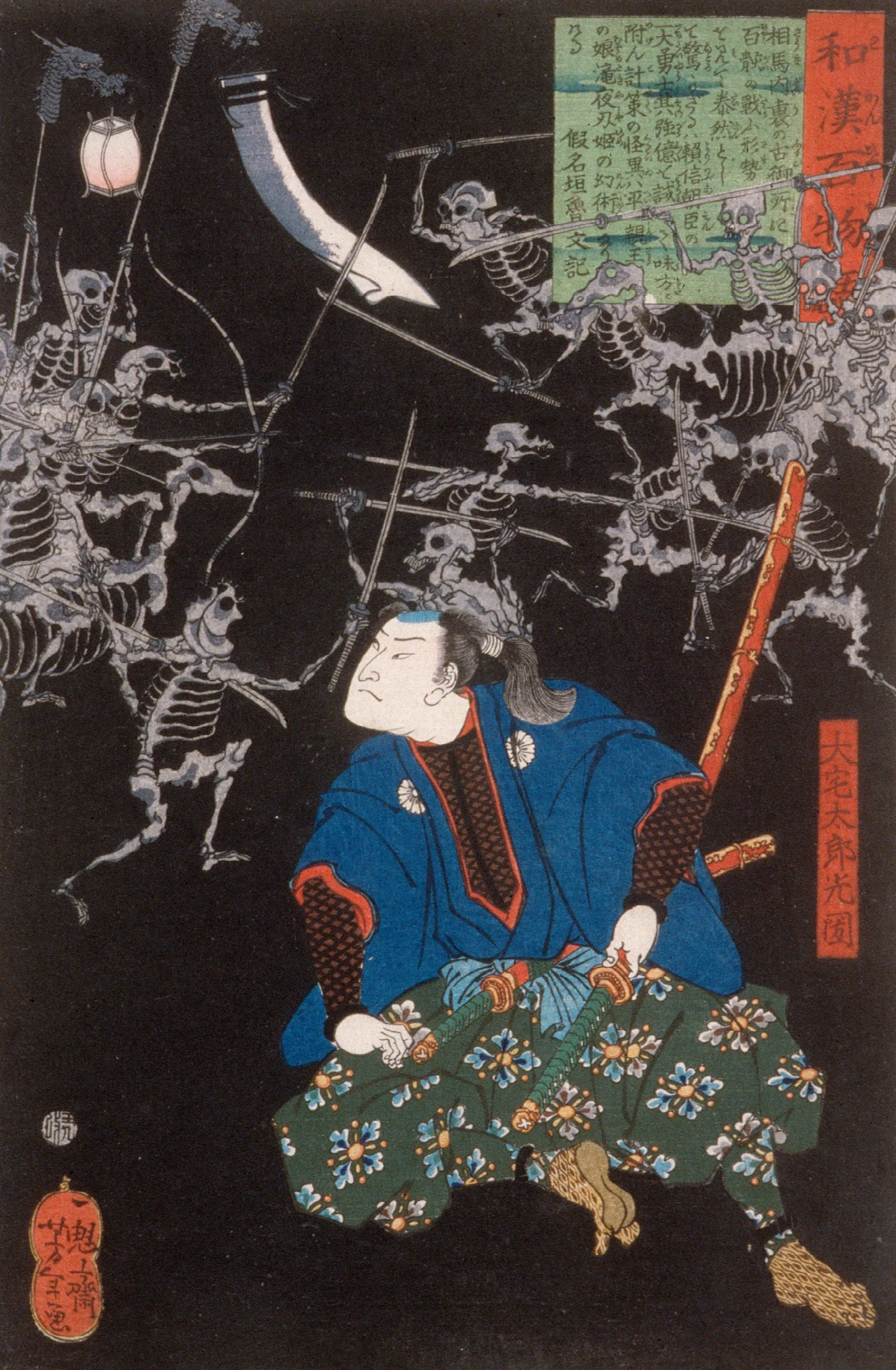 Oya Taro Mitsukune Watching Skeletons Wall Art by Tsukioka Yoshitoshi - Canvas Print