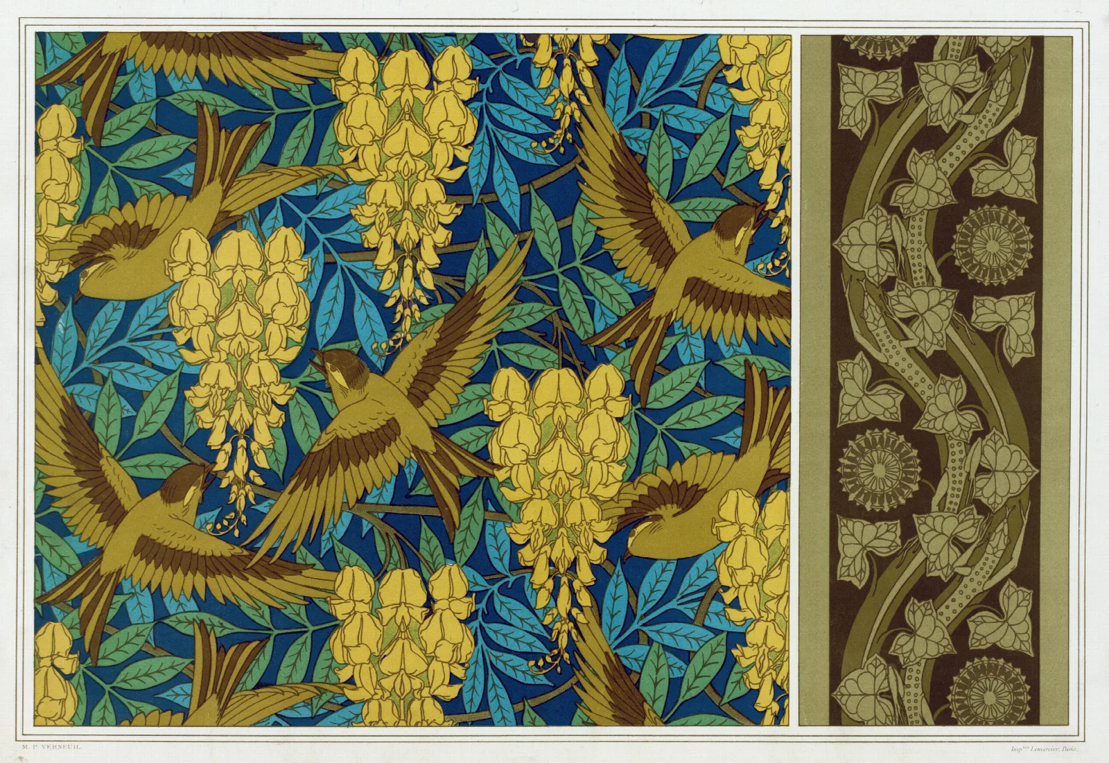 Oiseaux Et Glycines Tenture Lezards Et Lierre Bordure Wall Art by Maurice Pillard Verneuil - Canvas Print
