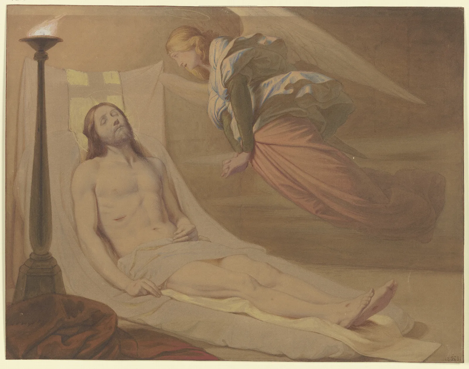 Christus Im Grab Uber Ihm Schwebend Ein Trauernder Engel Wall Art by Eduard von Steinle - Canvas Print
