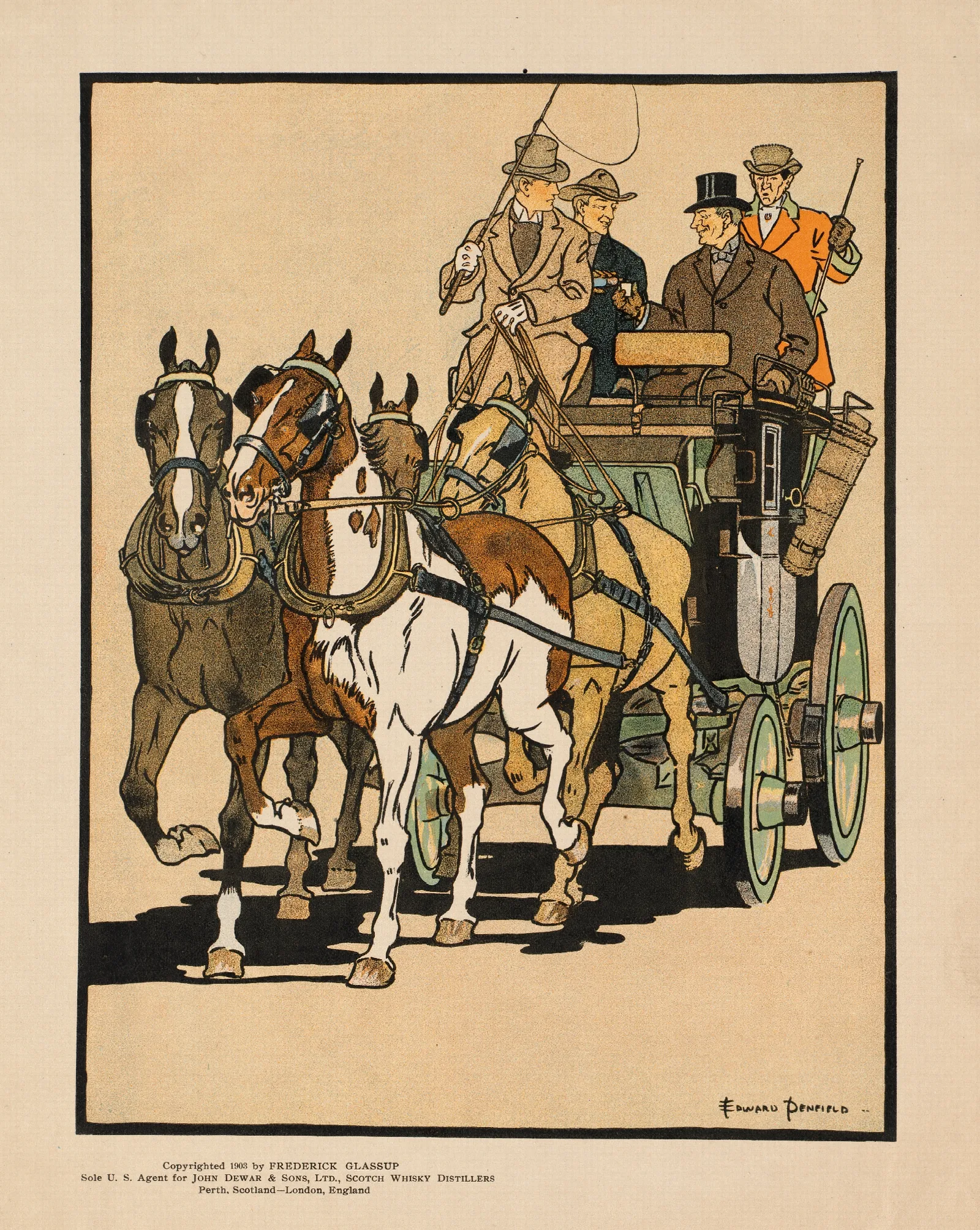 Four Men Riding On Top Of A Carriage Being Drawn By Four Horses Wall Art by Edward Penfield - Canvas Print