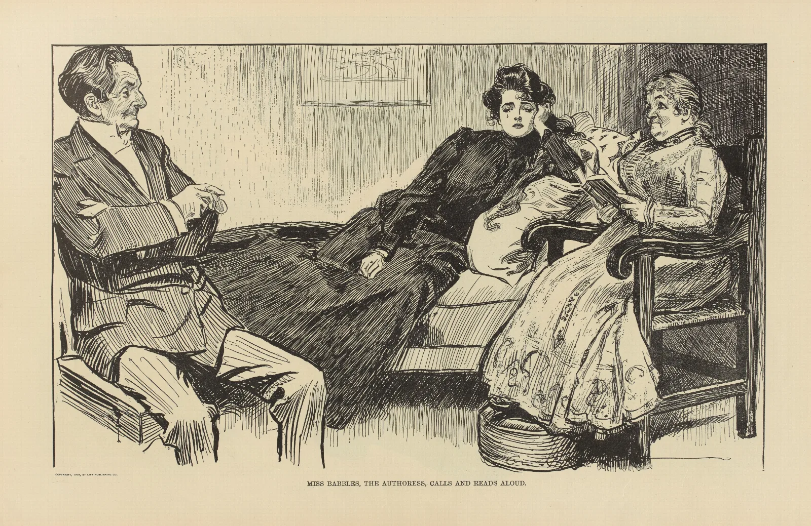 Miss Babbles The Authoress Calls And Reads Aloud Wall Art by Charles Dana Gibson - Canvas Print