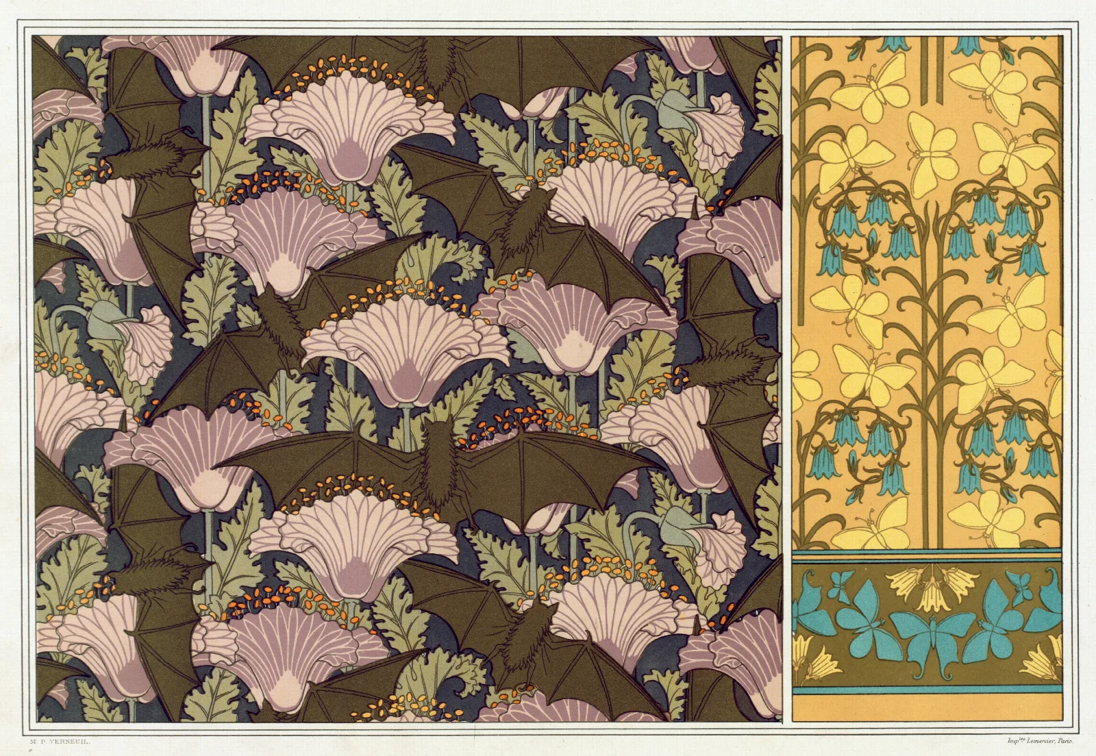 Chauves Souris Et Pavots Tenture Papillons Et Campanules Papier Peint Wall Art by Maurice Pillard Verneuil - Canvas Print