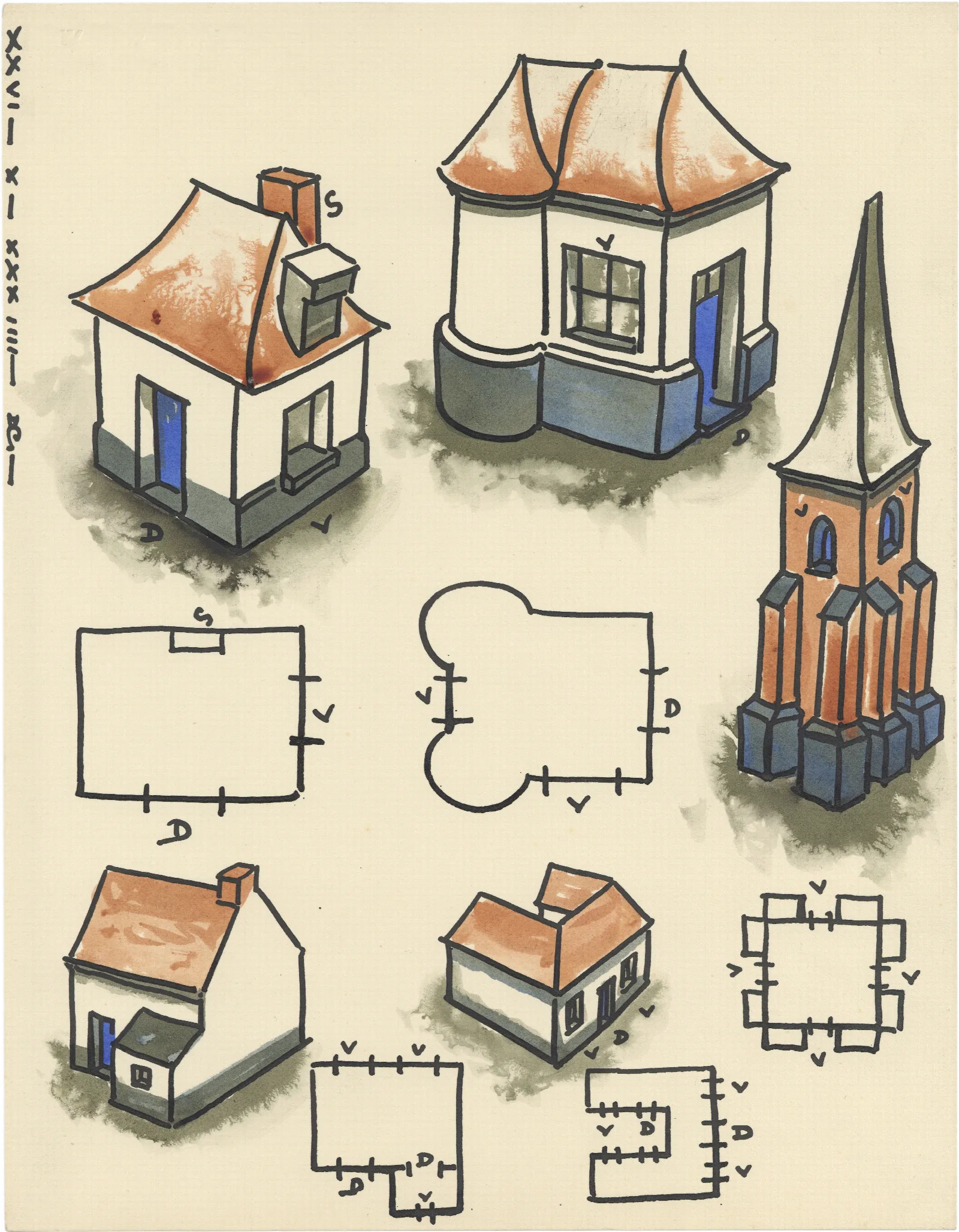 Kerktoren En Vier Huizen Vanuit Vogelperspectief Wall Art by Alfred Ost - Canvas Print