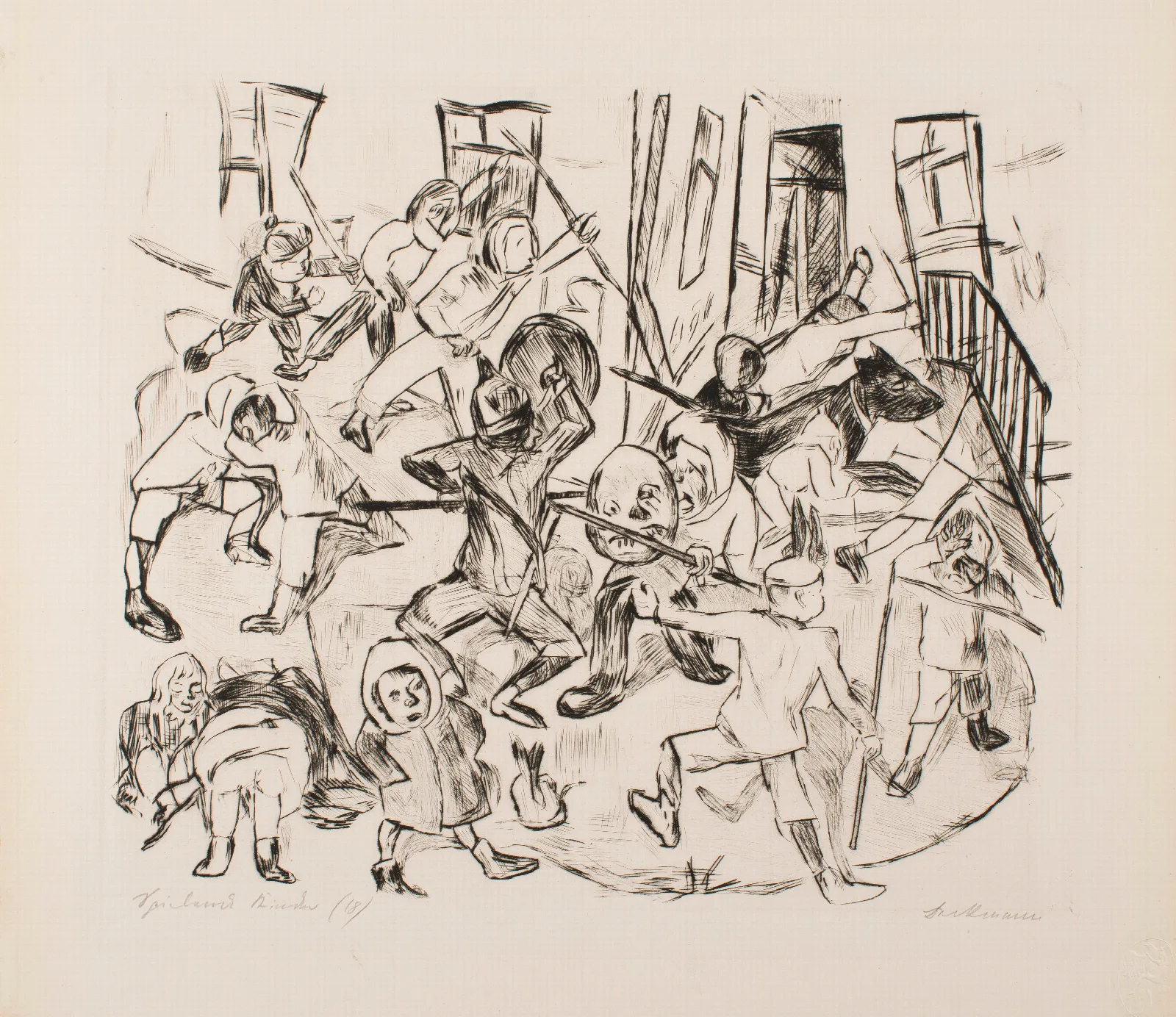 Playing Children Broad Format Plate 16 From The Portfolio Faces Wall Art by Max Beckmann - Canvas Print