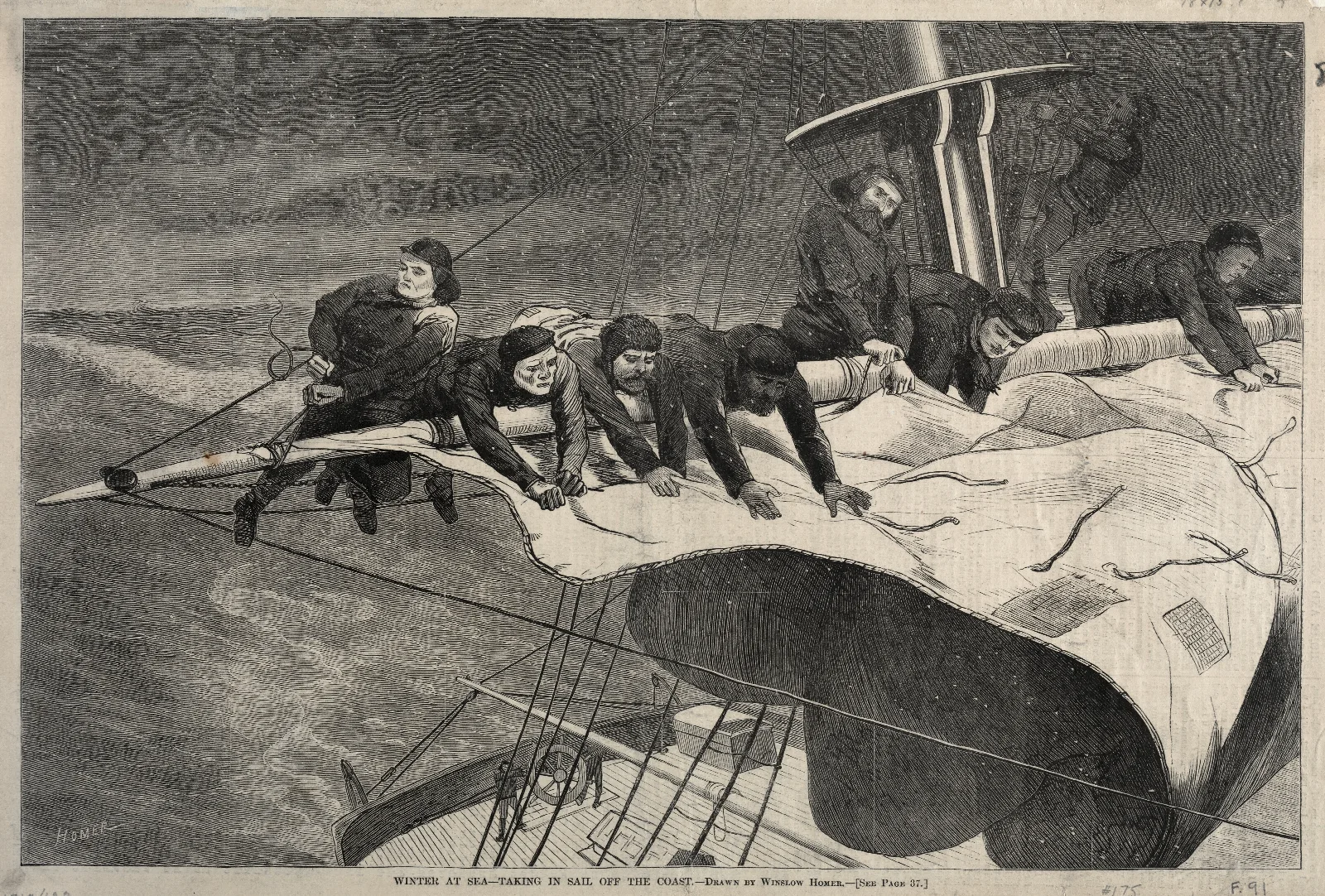 Winter At Sea Taking In Sail Off The Coast Wall Art by Winslow Homer - Canvas Print