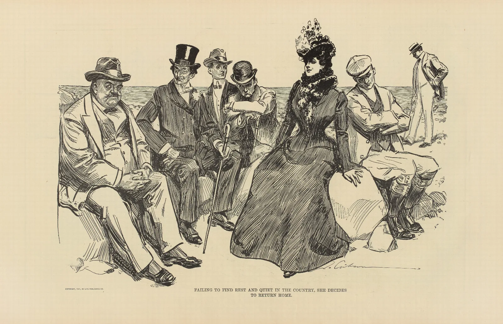 Failing To Find Rest And Quiet In The Country She Decides To Return Home Wall Art by Charles Dana Gibson - Canvas Print