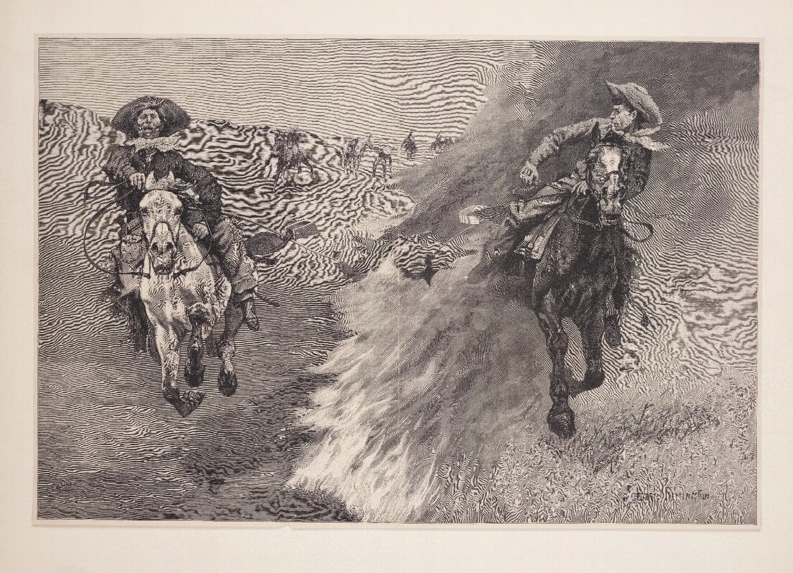 Dragging A Bulls Hide Over A Prairie Fire In Northern Texas Wall Art by Frederic Remington - Canvas Print