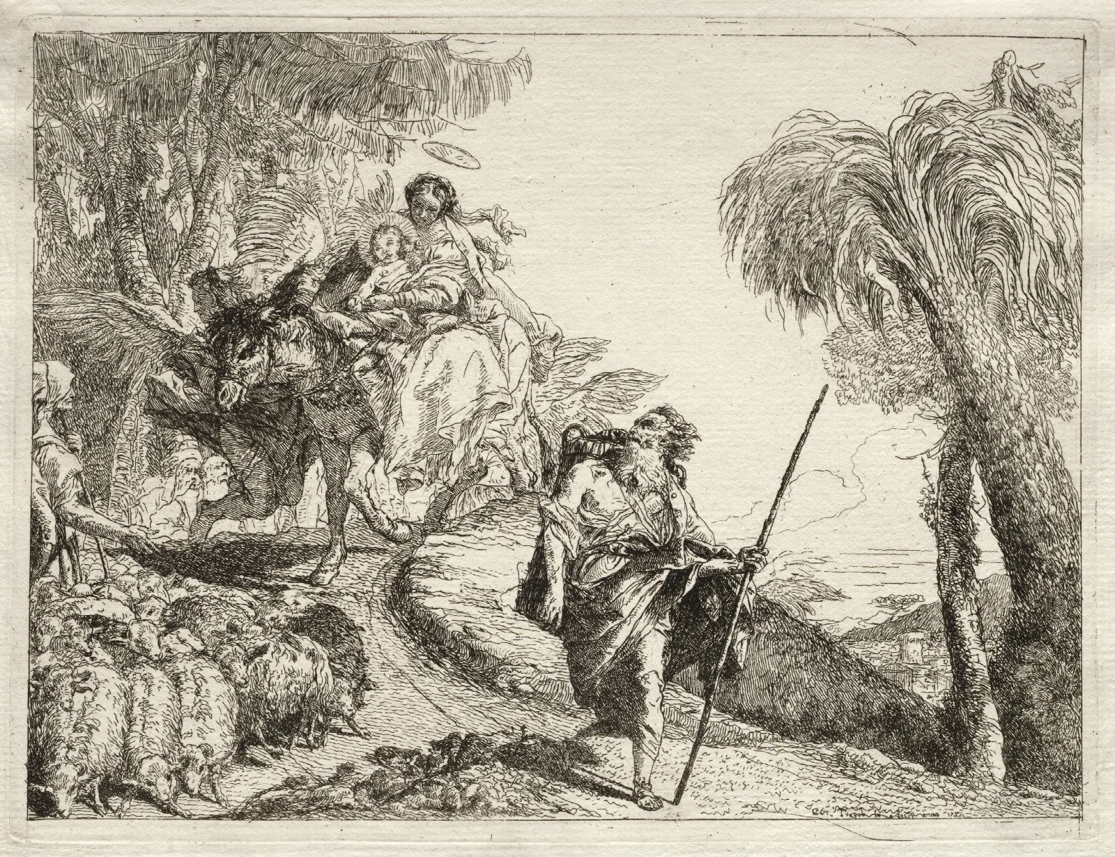 The Holy Family And The Flock Of Sheep Wall Art by Giovanni Domenico Tiepolo - Canvas Print