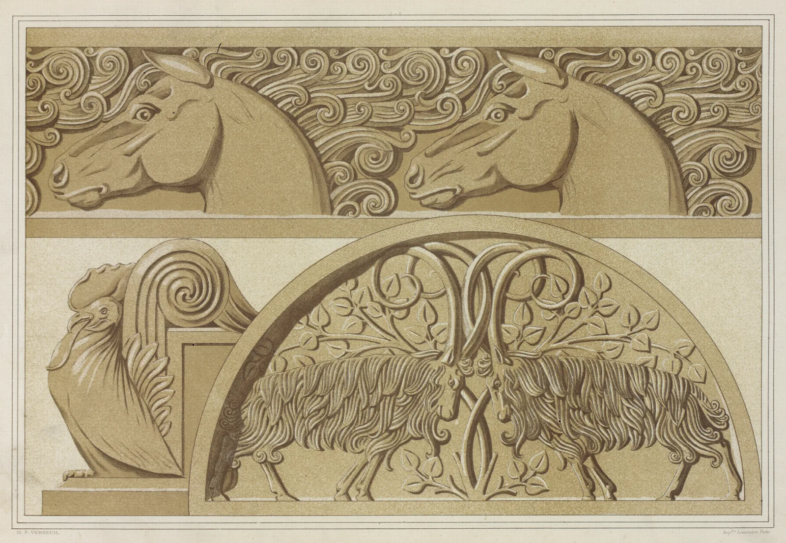 Chevaux Frise En Pierre Coq Amortissement Boucs Tympan En Pierre Sculptee Wall Art by Maurice Pillard Verneuil - Canvas Print