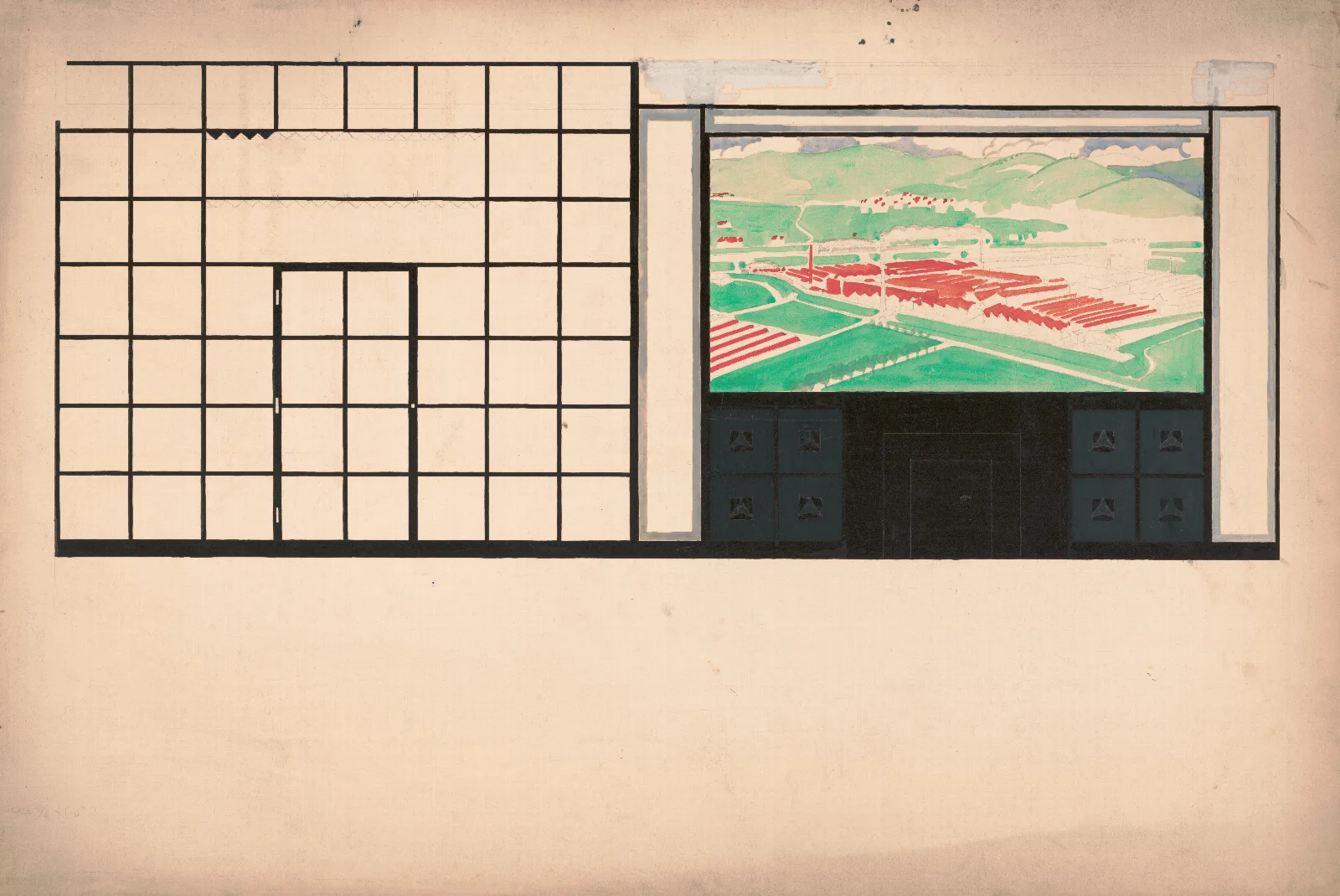 Design Drawings For Mercedes Motors Showroom Study Of Interior Elevation With Mural Wall Art by Winold Reiss - Canvas Print