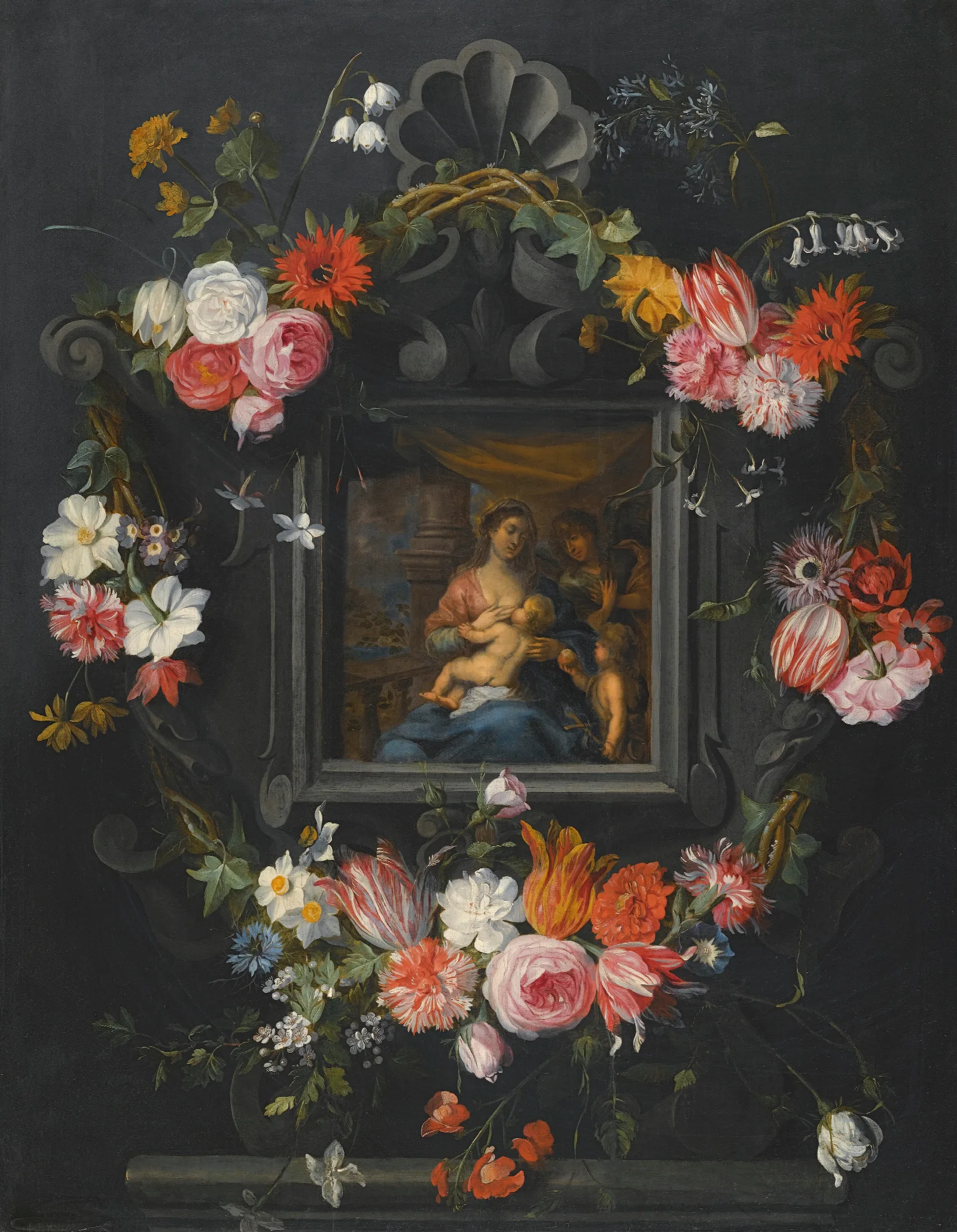 A Garland Of Flowers Surrounding The Virgin And Child Wall Art by Jan Brueghel the Younger - Canvas Print