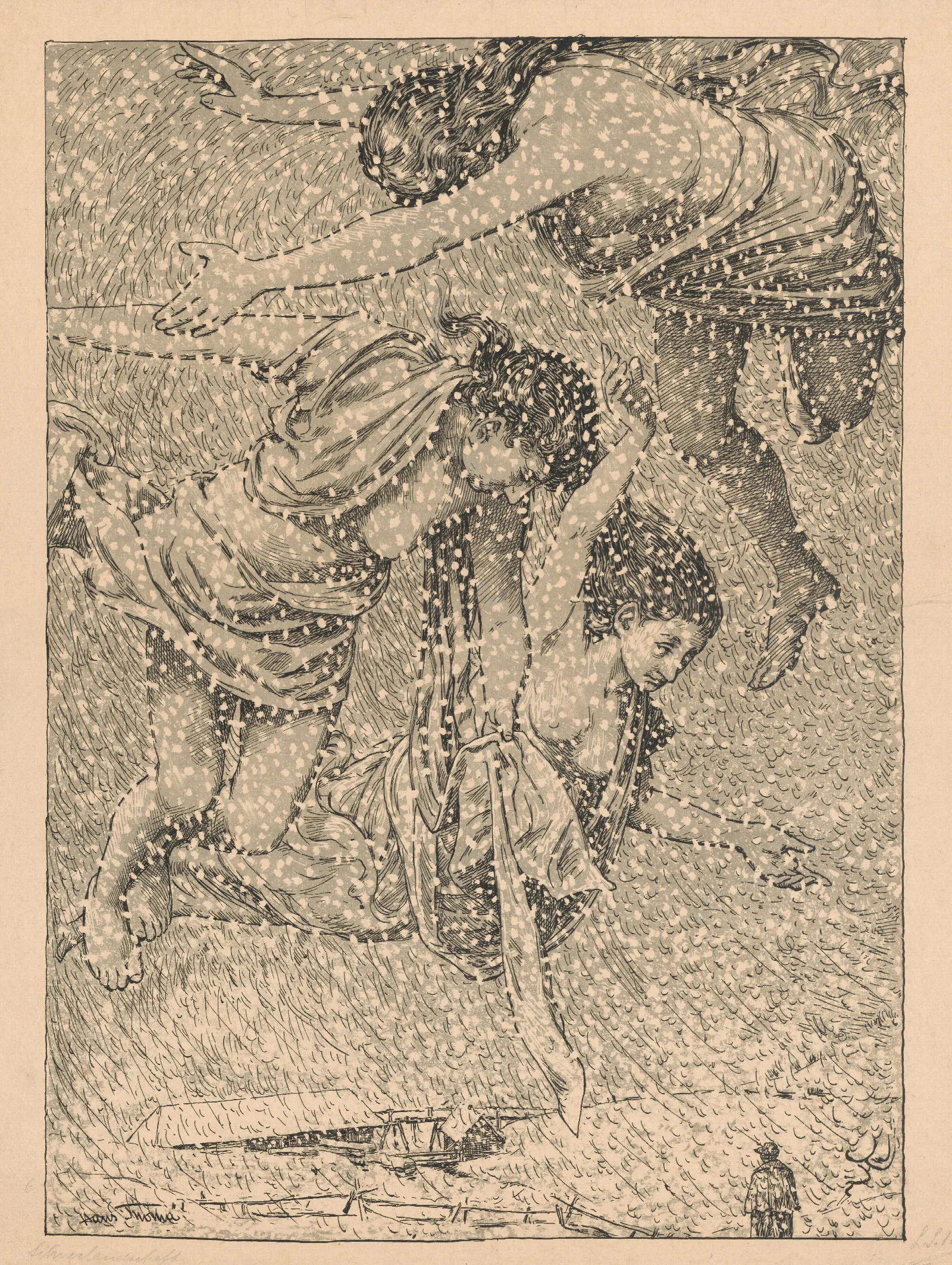 Three Half Naked Women Dancing In A Snowstorm Wall Art by Hans Thoma - Canvas Print