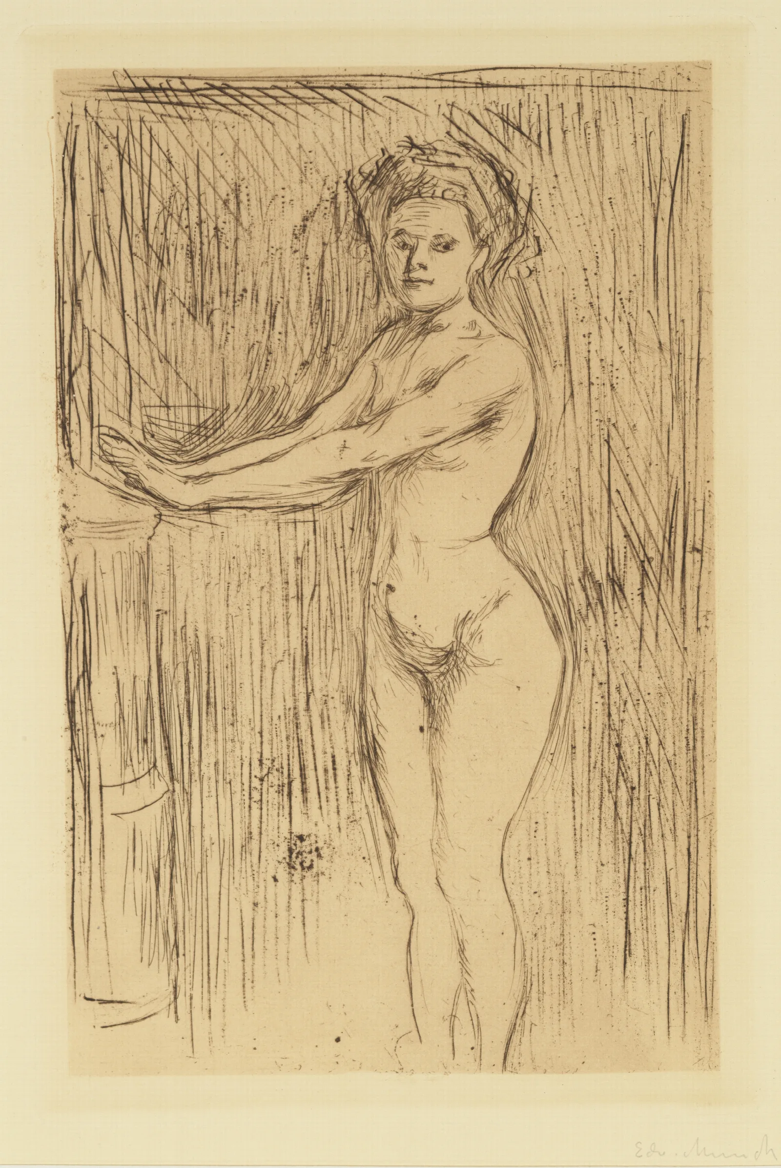 Nude Woman Model Warming Her Hands Wall Art by Edvard Munch - Canvas Print
