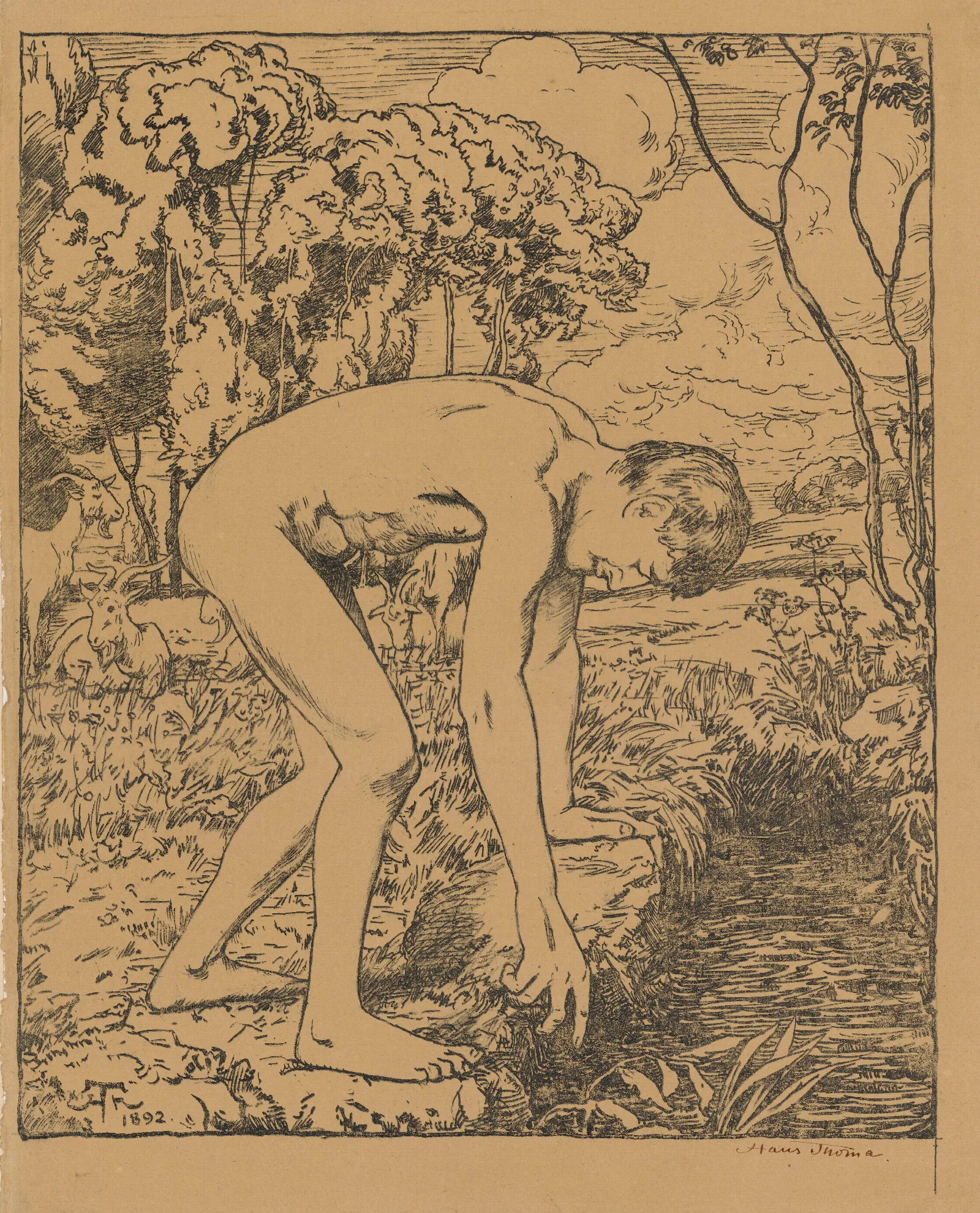 Shepherd Leaning Over A Stream Nude Wall Art by Hans Thoma - Canvas Print