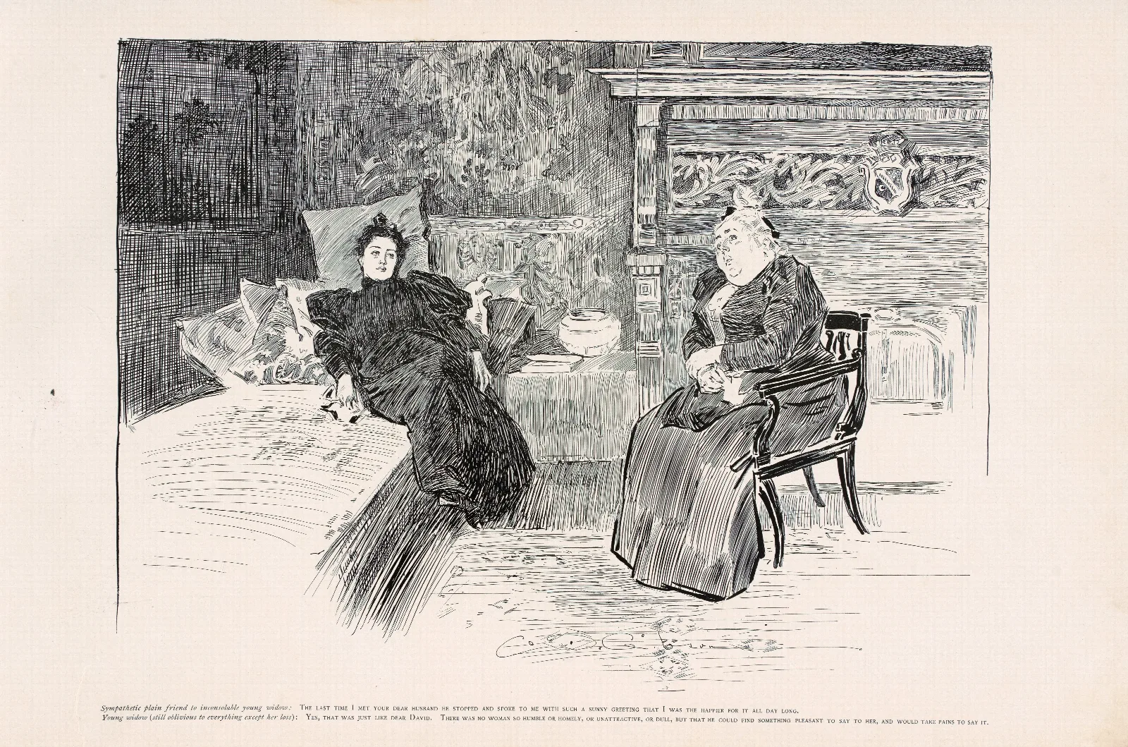 Sympathetic Plain Friend To Inconsolable Widow Wall Art by Charles Dana Gibson - Canvas Print