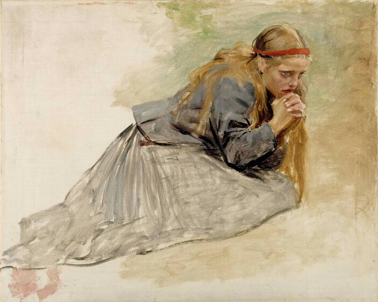 Mary Magdalene Kneeling Study For The Christ And Mary Magdalene Wall Art by Albert Edelfelt - Canvas Print