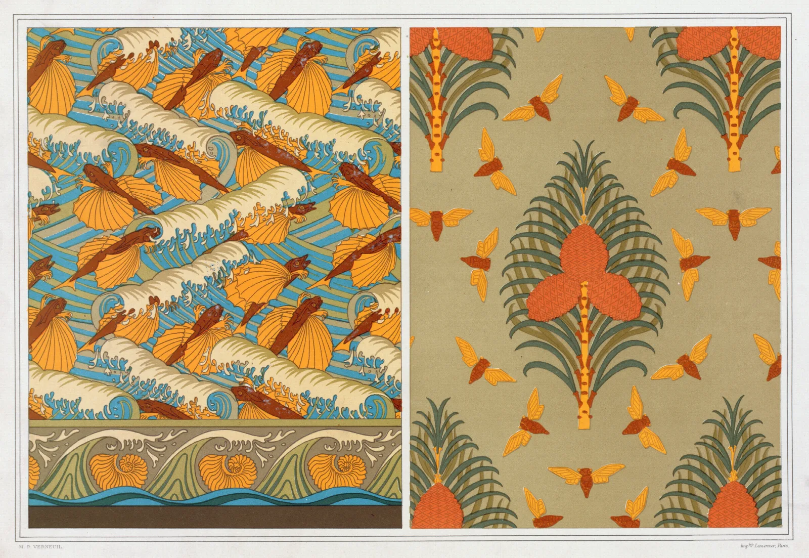 Poissons Volants Et Vagues Papier Peint Cigales Et Pin Papier Peint Coquilles De Nautiles Bordure Wall Art by Maurice Pillard Verneuil - Canvas Print