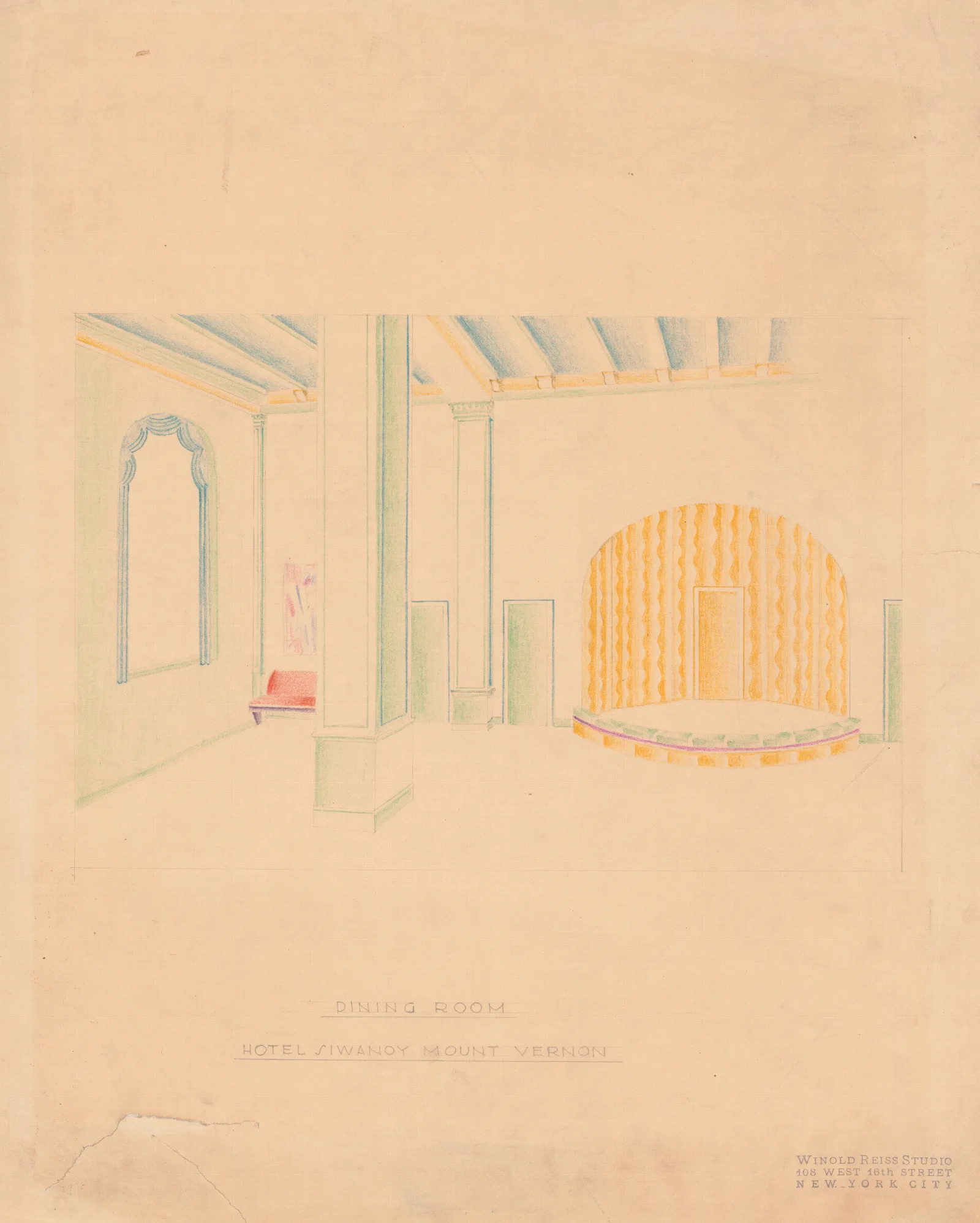 Interior Perspective Drawings Of Hotel Siwanoy Mount Vernon Ny Interior Perspective Of Dining Room Wall Art by Winold Reiss - Canvas Print